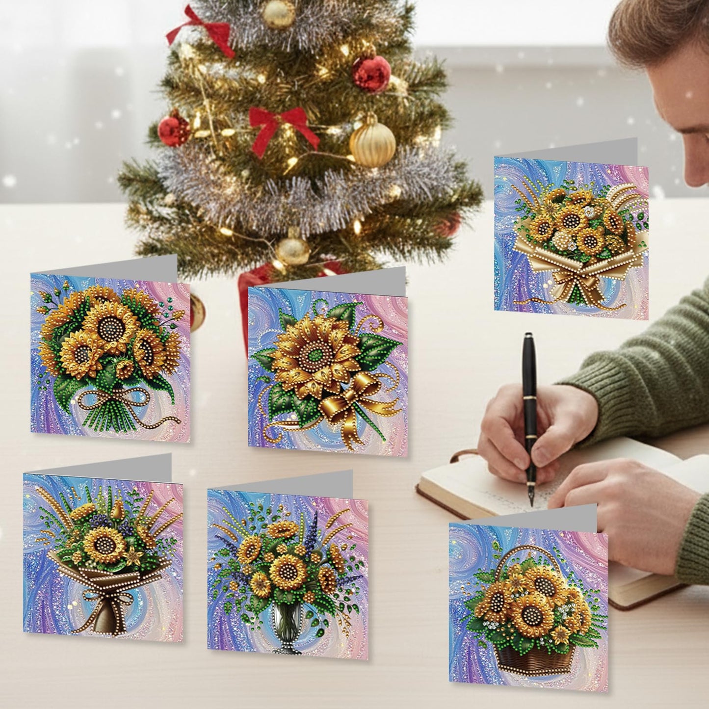 Diamond Art Painting Greeting Cards, 12 Packs Sunflower Basket DIY Crystals Gem Art Kit with Envelopes, Diamond Dots Card Making Set for Birthday, Wedding, Party, Heartfelt Occasions & Beginner Gift