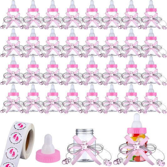 62 Pcs 3.5 Inch Baby Mini Milk Bottle Baby Shower Favor with 500 Adhesive Thank You for Showering Stickers, Small Plastic Bear Candy Bottle for Boy Girl Newborn Baptism Party Decor (Pink)
