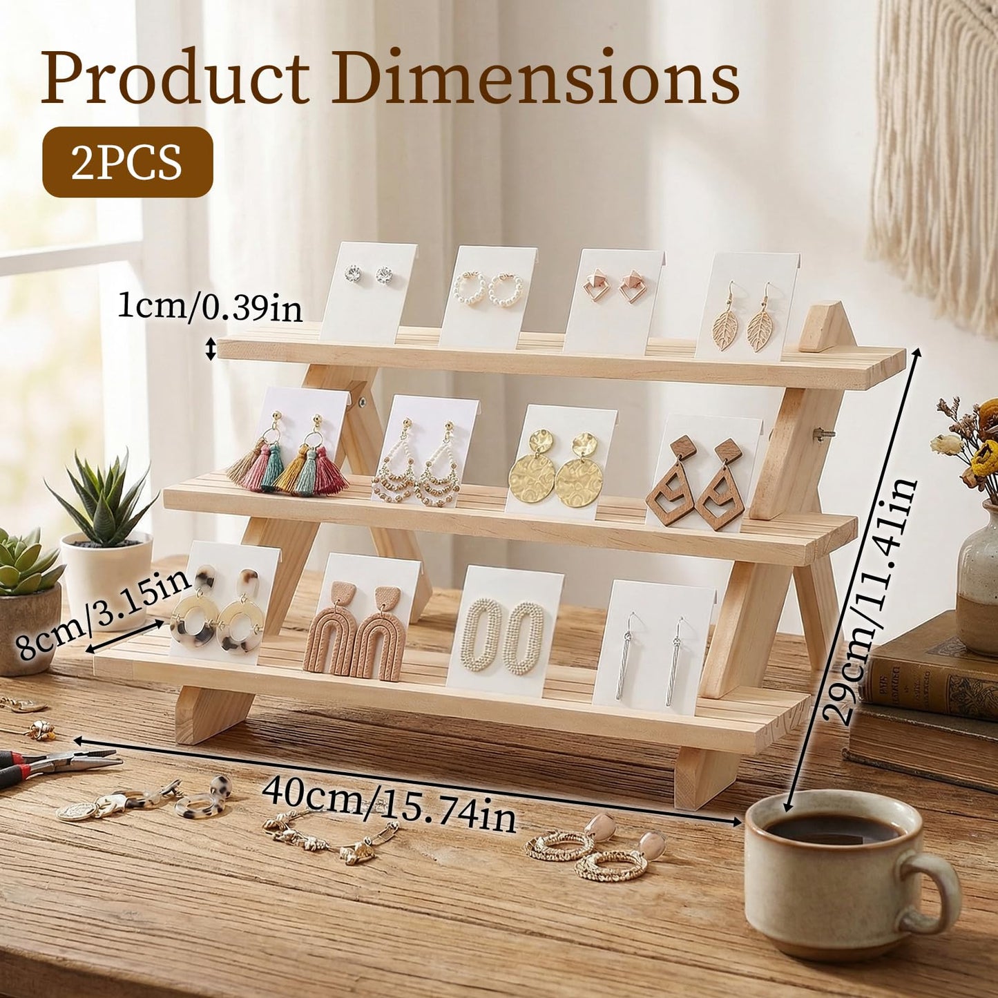 Xosjska 2 Pack 3 Tier Wooden Display Stand, Tiered Earring Display Stand, Detachable Wood Tiered Jewelry Card Displays Stands with Groove Removable Countertop Small Merchandise Displays Stands