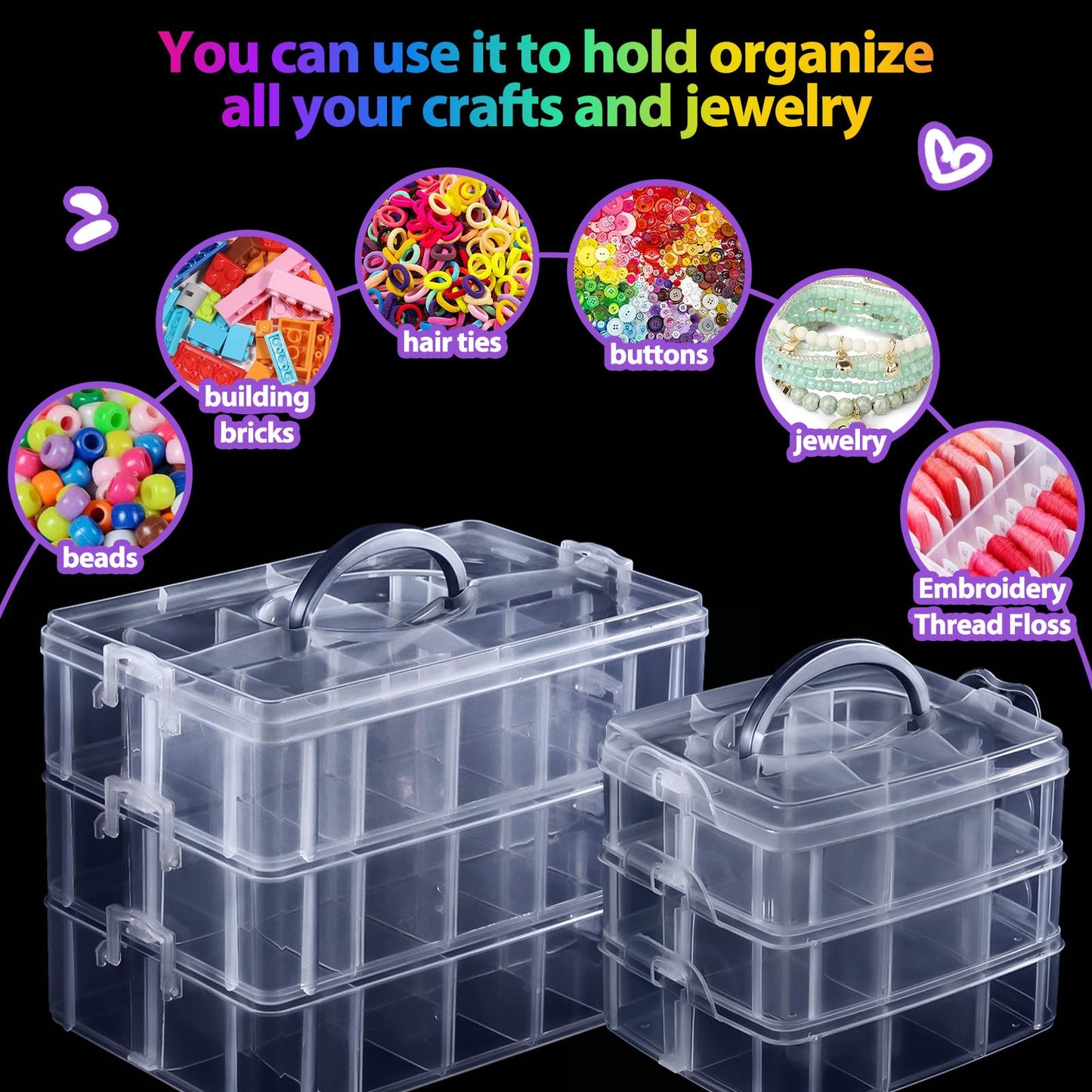 Bead Organizer, 2 Pack Craft Storage with Removable Dividers, Clear 3-Tier Plastic Organizer Box, Small Parts Organizers for Jewelry, Art, DIY Crafts, Kids Toys, Small Items
