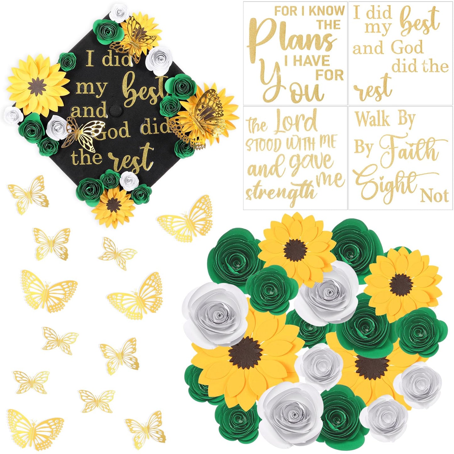 Suncalla Green DIY Graduation Cap Decorations Kit, 20 Pcs Roses Sunflower Flower Heads 4 Inspirational Quote Glitter Stickers 12 3D Butterfly Grad Cap Topper for Cake Photo Art DIY Grad Party Supplies