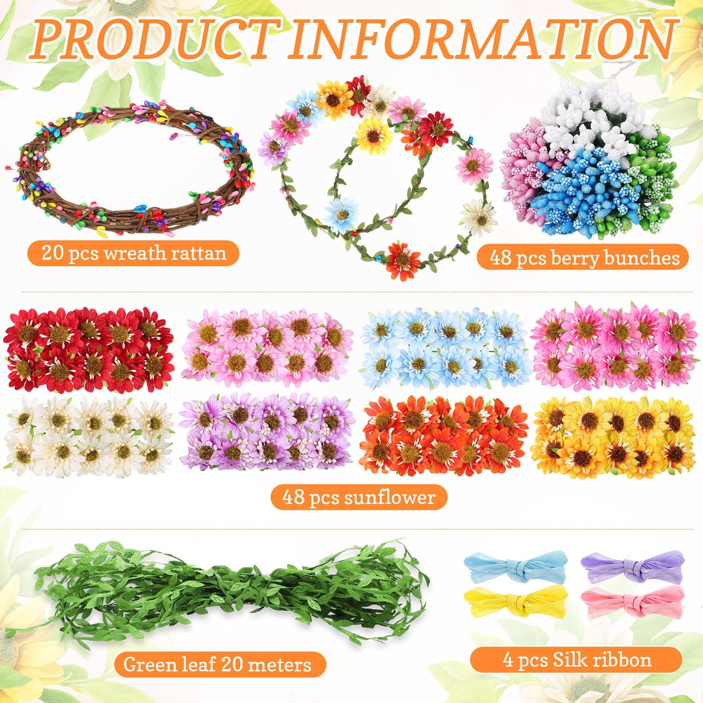 Zeyune 20 Sets Spring Tea Party Favor Flower Crowns Making Kit, Make Your Own Flower Crown Wreath Garland Headbands Craft Kit Handmade DIY Fairy Floral Hair Accessories Gift for Women (Sunflower)