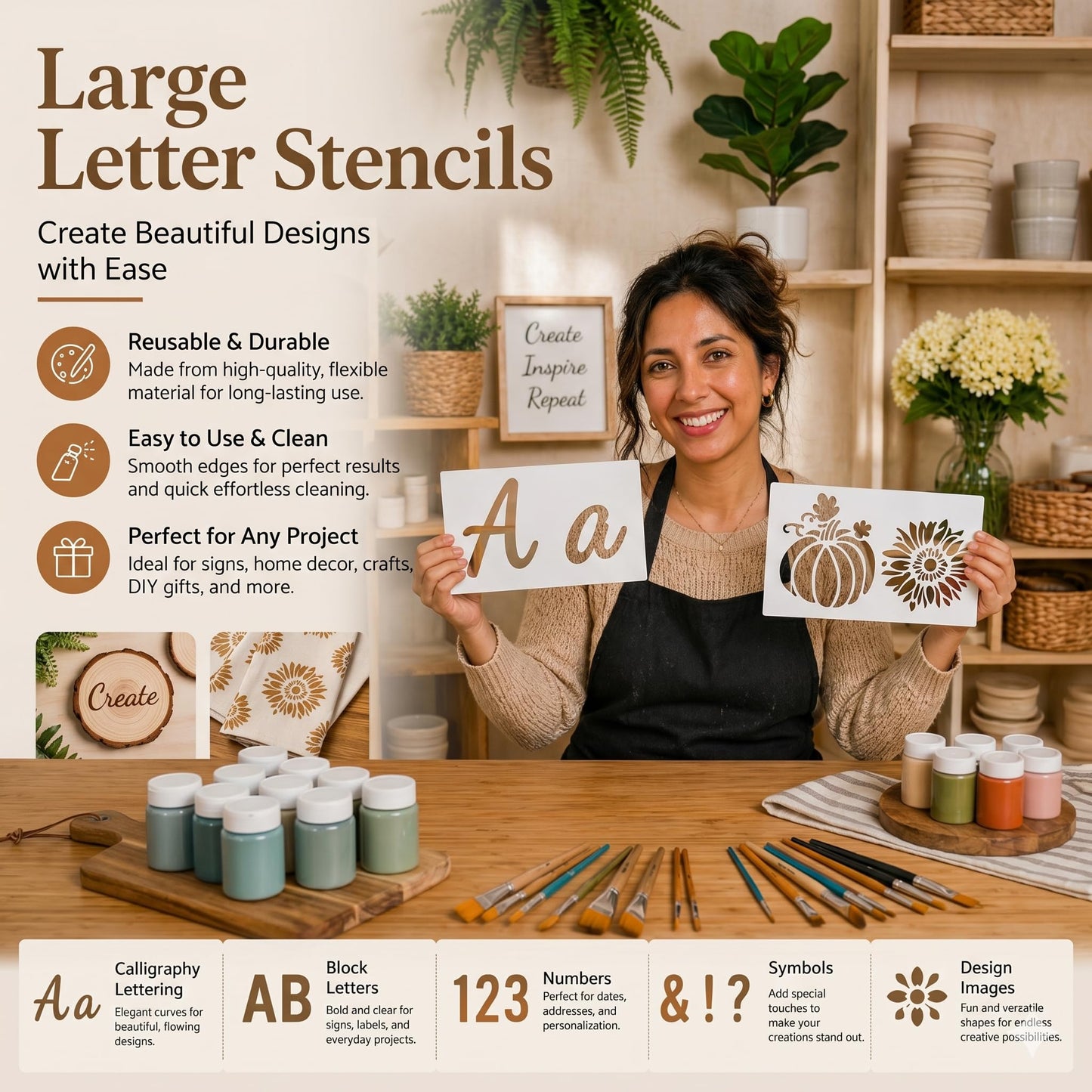 DLY Lifestyle Large Letter Stencils for Painting on Wood - 50 Pc Alphabet & Number Stencils for Crafts Reusable - Custom Cursive Lettering for Signs, Chalkboard, Fabric - Decorative & Seasonal Images