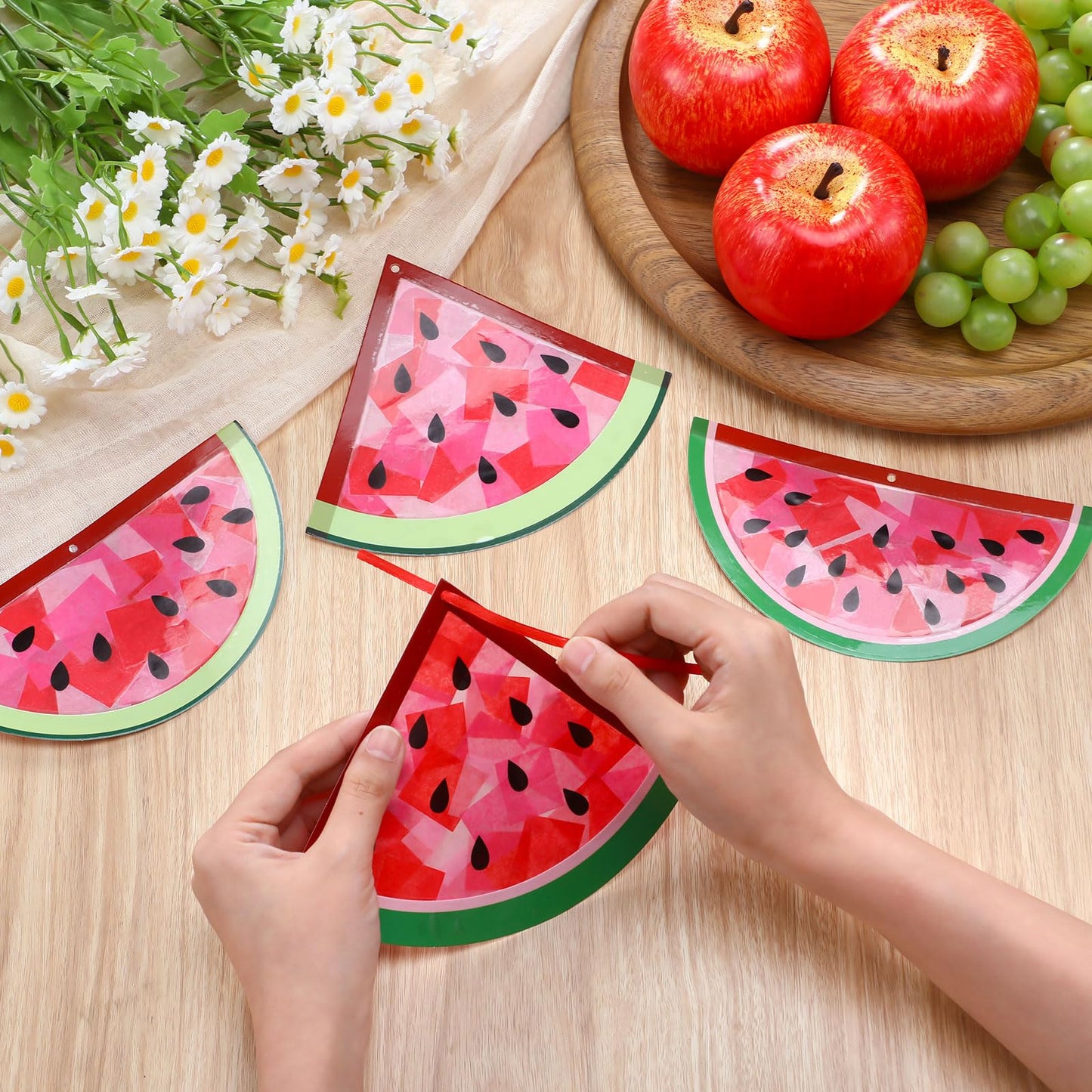 Motipuns 24 Set Summer Crafts Tissue Paper Craft Kits DIY Luau Hanging Ornament Cutouts Supplies Make Your Own Hawaiian Tropical Decorations for Summer Classroom Home Party Decor(Watermelon)