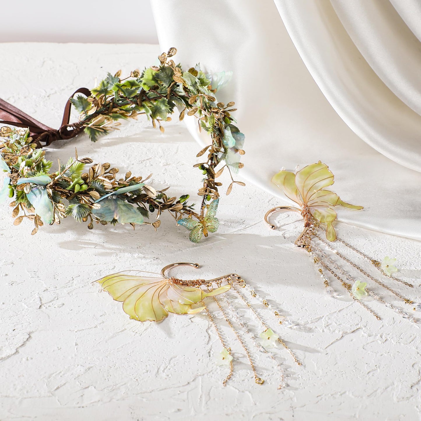 MOSTORY Butterfly Fairy Accessories Set - Green Flower Elf Crown Elf Ear Cuffs Kit for Woodland Renaissance Costume Women Forest Fantasy Fairycore Cosplay