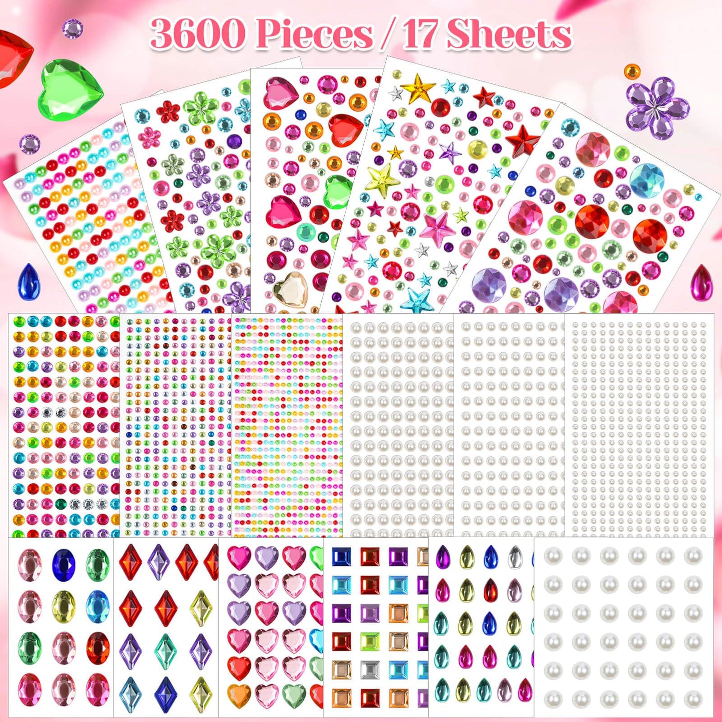 Lezmarket 3600PCS Gem Stickers, Rhinestone Stickers for Crafts, Sticky Pearls Jewels Stick on Gems Self Adhesive Sparkle Embellishments for Decoration