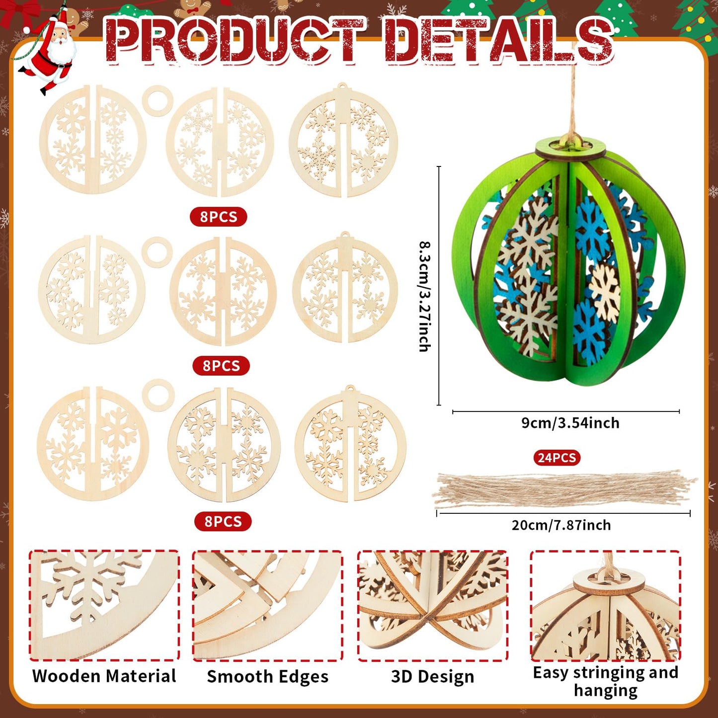 Chunful 72 Pcs DIY Christmas Wood Crafts to Paint 3D Unfinished Wooden Ornaments Christmas Hanging Cutouts Blank Hollow Wood Winter Snowflake Holiday Wooden Slice for Xmas Tree Decorations