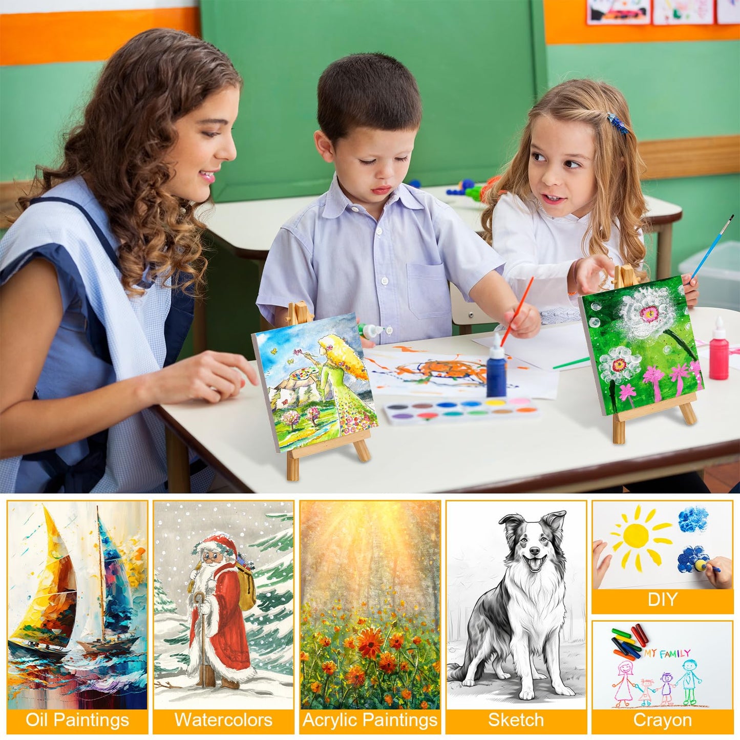 Mimorou 32 Pack Mini Canvas with Easel Sets for Painting Small Art Stretched Canvas Panels Pack with Sturdy Wood Display Easel for Kids Classroom Crafts End of The Year Gifts (3 x 3 Inch)