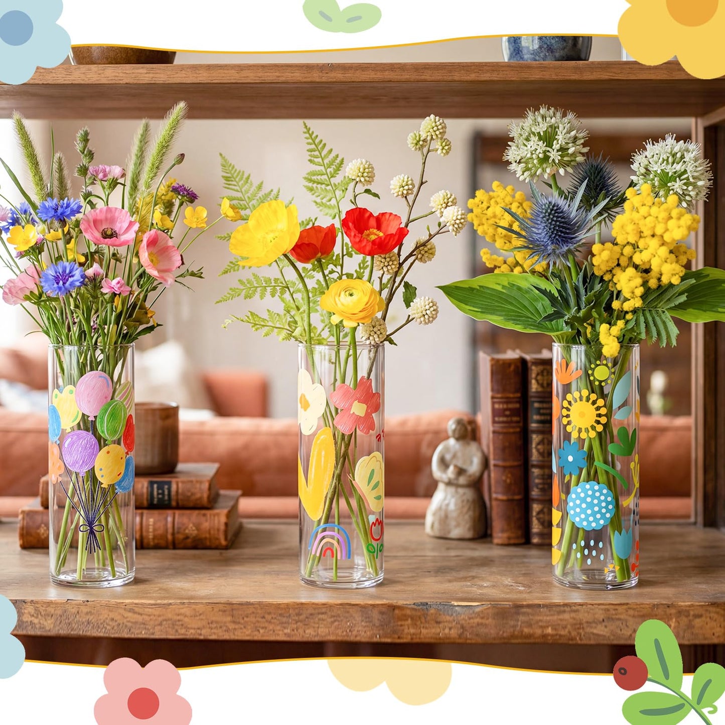 Cinrobiye 6 Set DIY Glass Vase Craft Kit, Clear Glass Flower Vase Painting Set with Decorative Flowers, Stickers and Pens for Home Decor, Creative Art Projects and Table Decoration