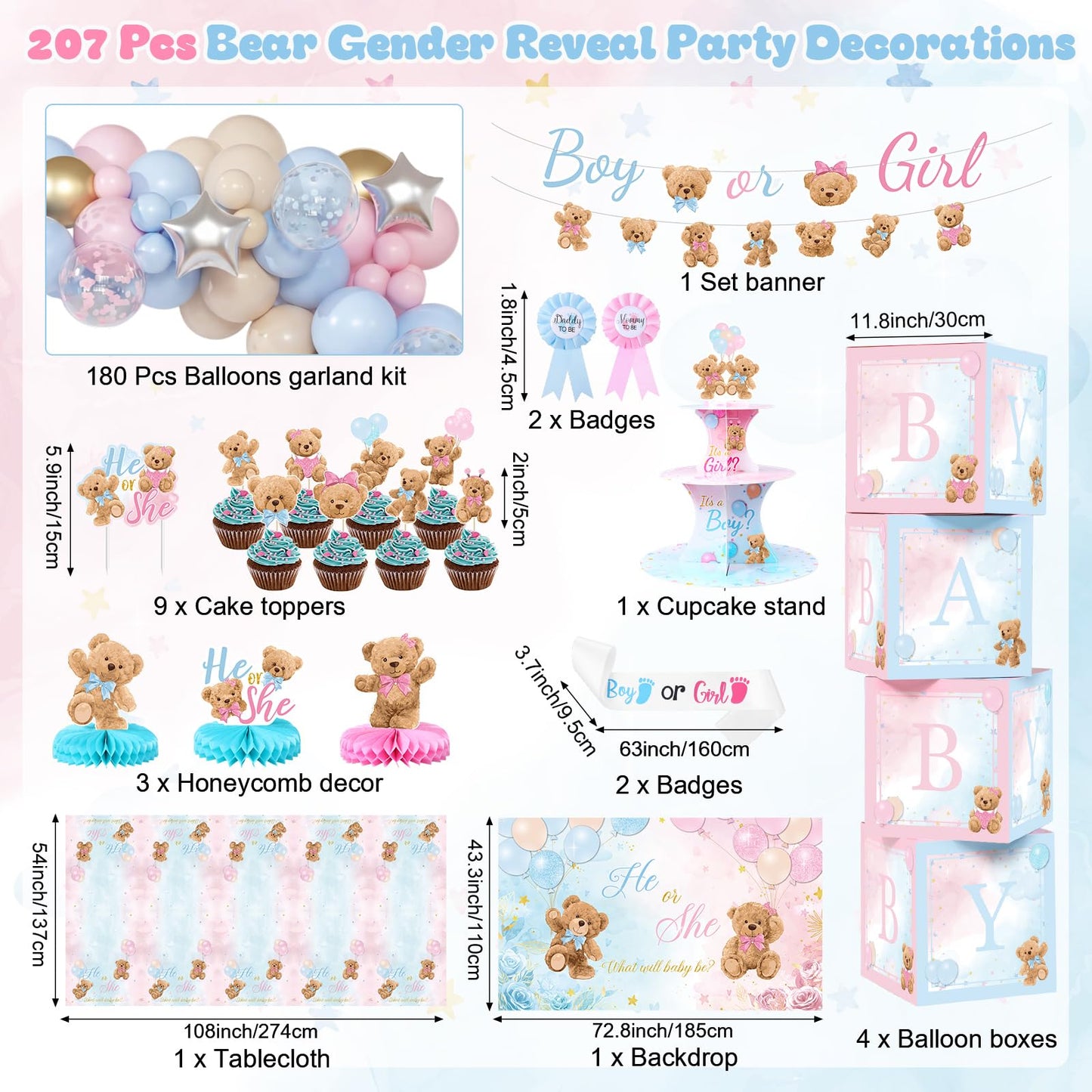 Duraaamo 207Pcs Bear Gender Reveal Party Decorations Boy or Girl Pack, Bear Balloon Kit with Backdrop Banner, Tablecloth, Balloon Boxes, Cupcake Stand, Sash, Pin for Baby Shower Gender Reveal Supplies