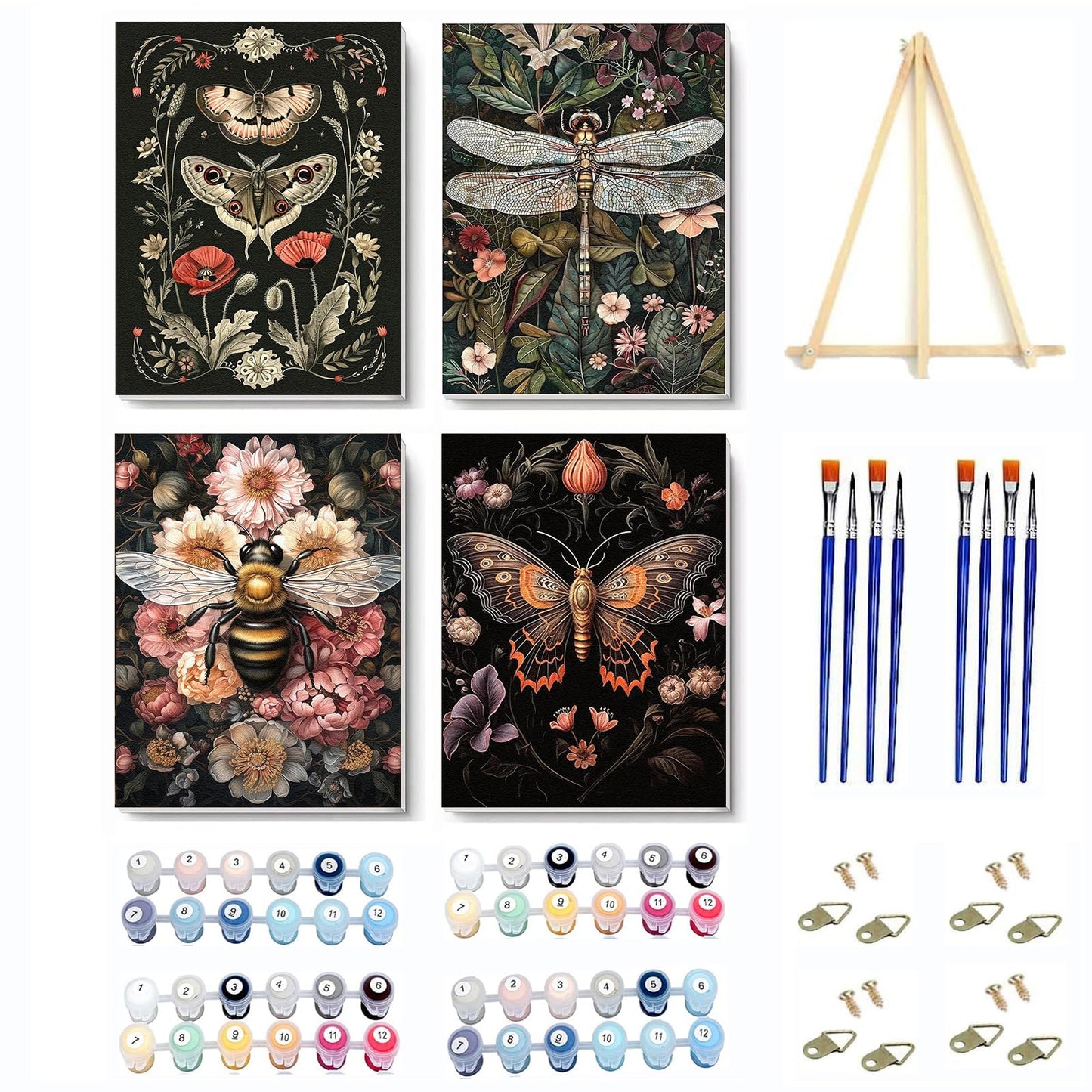 4 Pack Insect Paint by Numbers Kit for Adults Beginner with Frame,Dragonfly Moth Bee Butterfly Paint by Number with Wooden Easel DIY Landscape Adult Paint by Number Kits for Home Decor 9x12inch