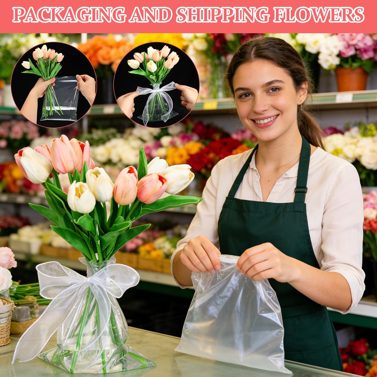 TOPPERFUN 50Pcs Flower Bags, 9.8x5.9in Bouquet Water-retaining Bag Protector, Rose Packaging for Arrangement, PE Water Floral Sleeves for Wedding Graduation and Mother's Day Florist Wrapping Supplies