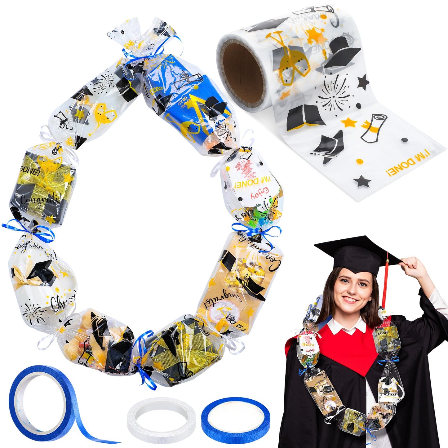 Gilprop Graduation Candy Leis 5.9'' x 65.6 ft 2026 Graduation Candy Lei Tubing Making Kit Supplies with 2 Color Ribbons for Class of 2026 Grad Party Grad Wreath DIY(White, Blue)