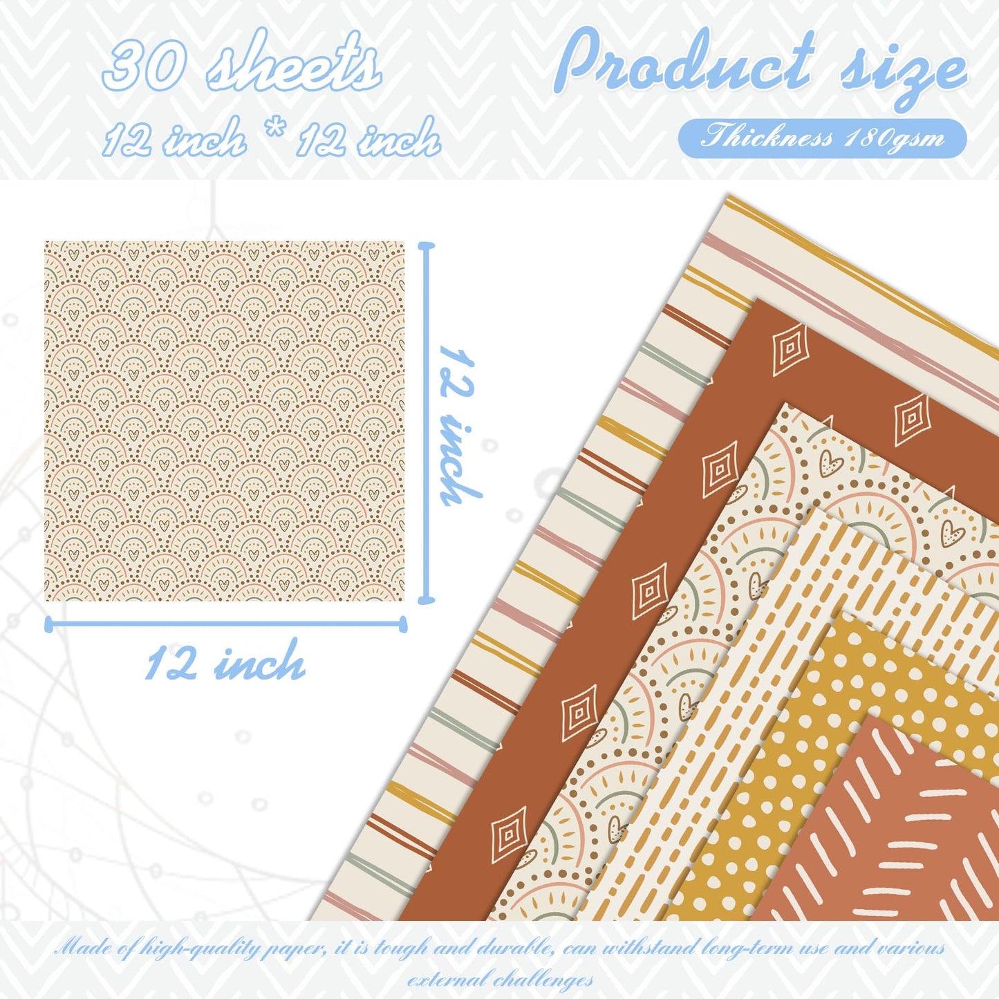 Honoson 30 Sheets Scrapbook Paper Supplies Junk Journal 12x12 Scrapbooking Supplies Boho Floral, Decoupage Paper Scrap Book Decorative First Day of Art School Back to School Craft 160 GSM(Boho)