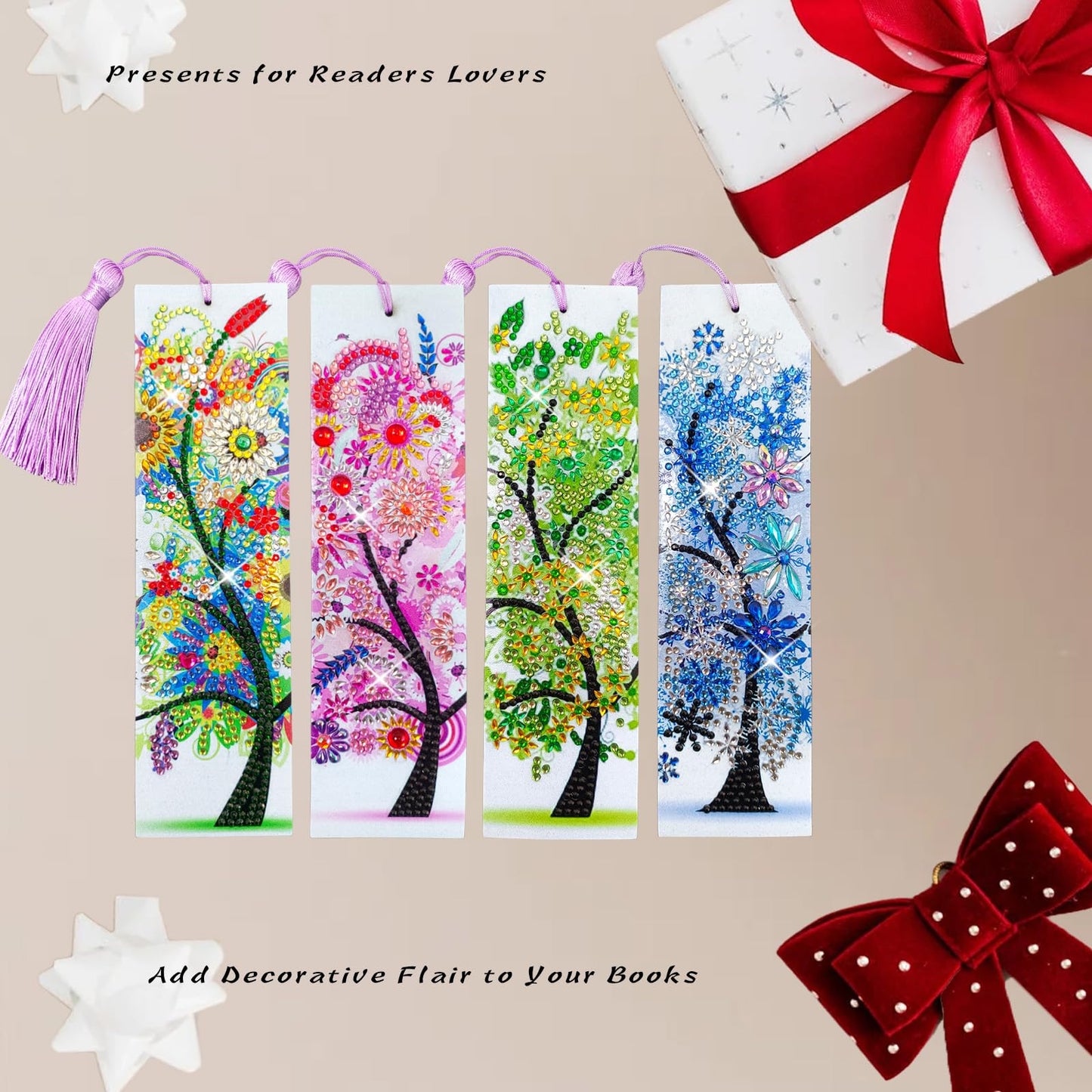 4 Pcs LINGFANG Diamond Painting Bookmark, Leather DIY Book Makers for Adults Book Lovers, Diamond Art Beginners, Small Diamond Art Kits, Paint by Art Crafts Supplies Gift for Girls (Season Tree)