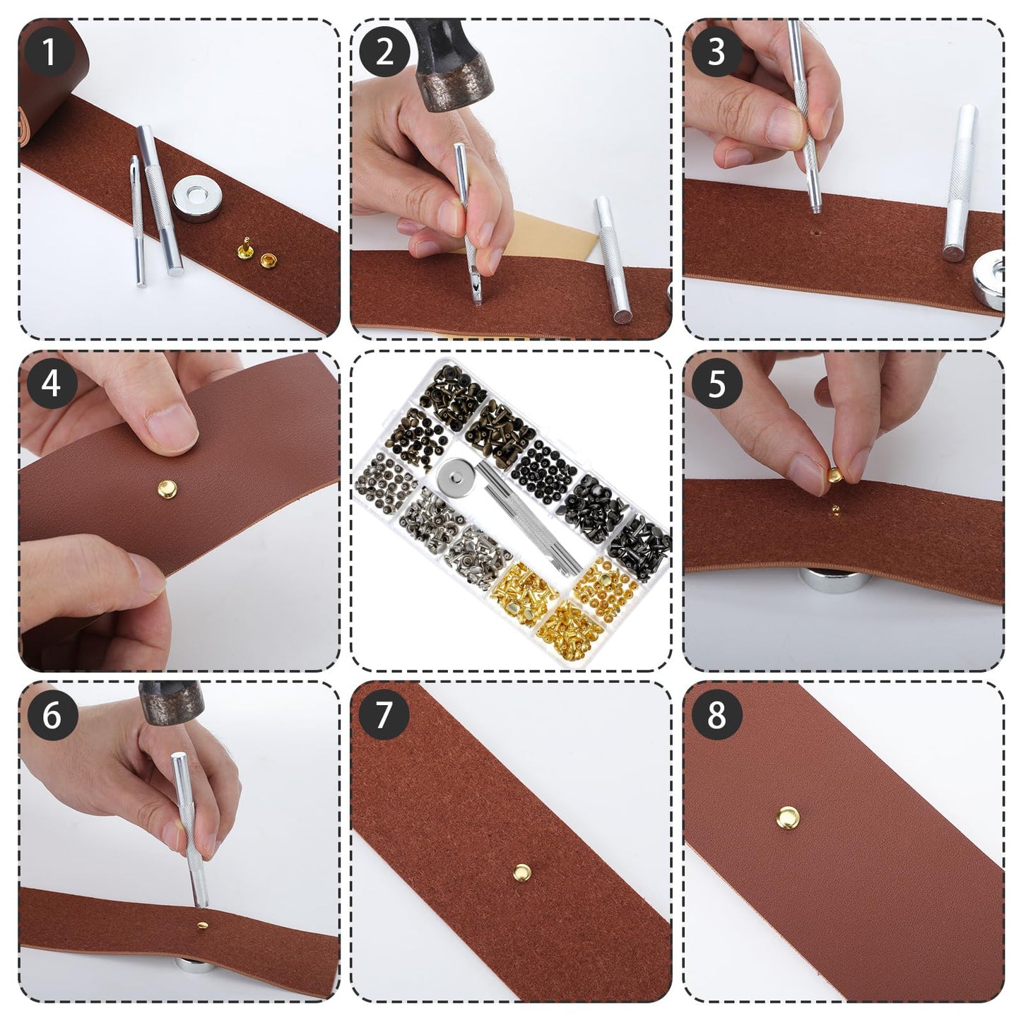 363 Pcs Faux Leather for Crafts Kit 140 Inches Leather Straps Flat with Wide 360 Rivets and 1 Double Rivet Tubular Setting Tool for DIY Bags Craft Repairs Decoration(Red Brown,1inch 2 Inch)