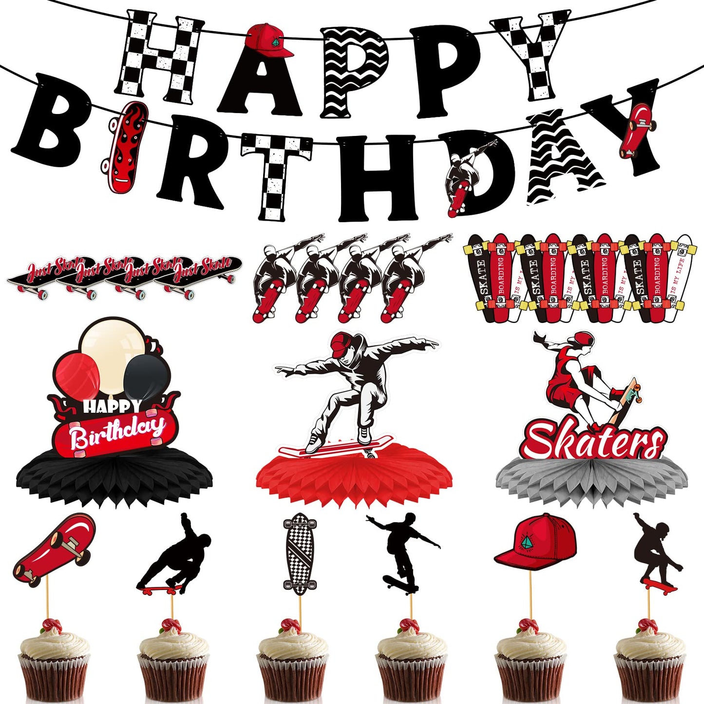 Outus 34 Pcs Skateboard Birthday Party Decorations Skater Party Supplies Skateboard Birthday Decorations Kit Banner Table Centerpieces Cupcake Topper Extreme Skateboarding Cool Decor for Skater Gifts