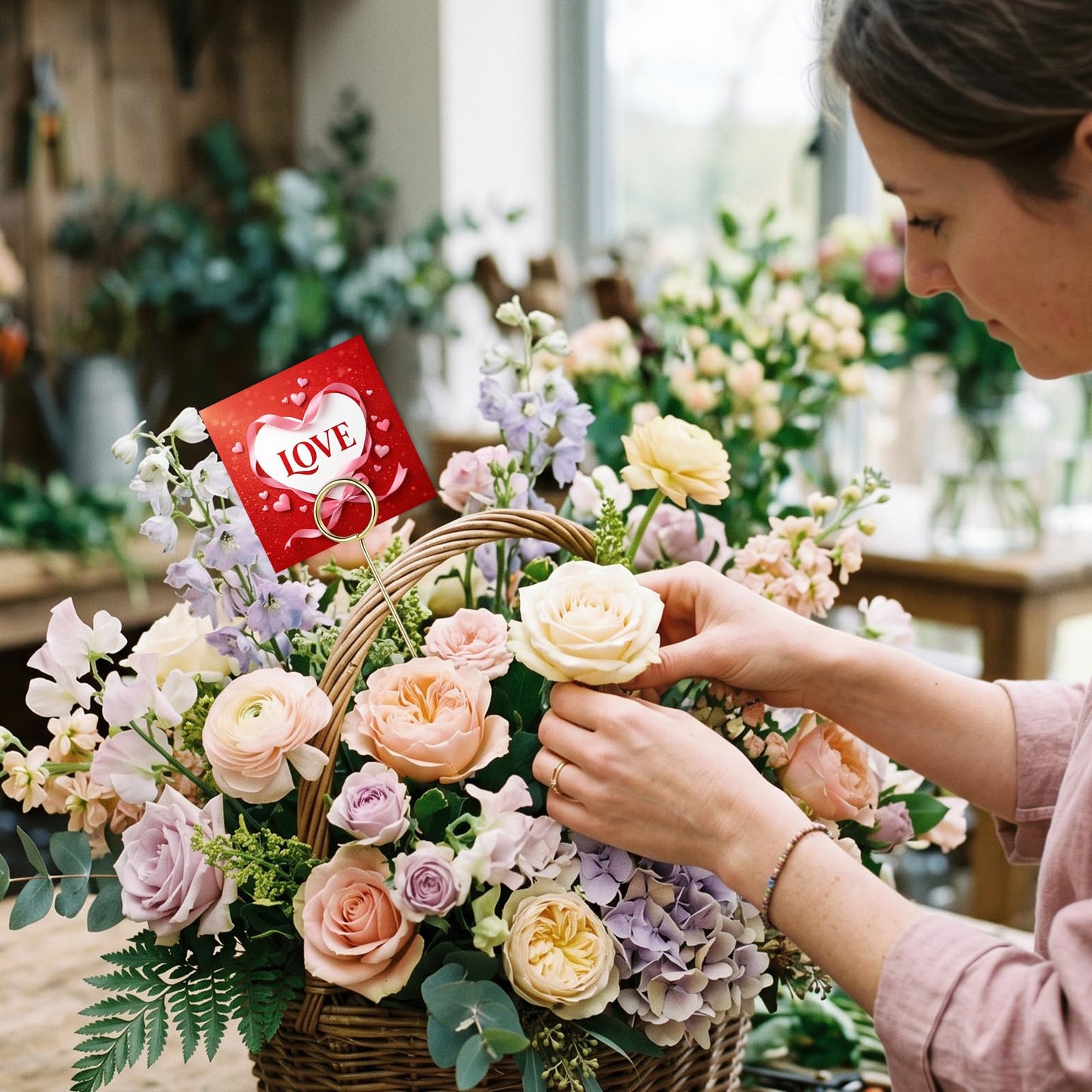 Oqqlin 100 Pcs Floral Card Holder Picks Bulk, 12 Inch Metal Wire Flower Place Card Sticks Round Picture Memo Clip Holder for Wedding, Party, Birthday, Baby Shower Supplies