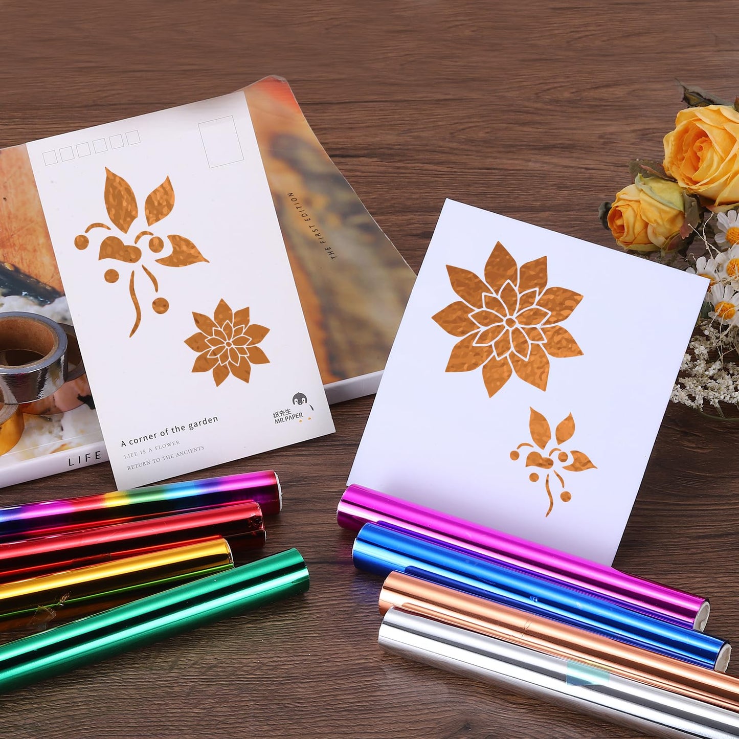 MECCANIXITY 2 Pcs Toner Reactive Foil,Metallic Transfer Hot Foil Roll 5.9" x 9.84ft Deco Foil Transfer Sheets Paper for Hot Foil Pen Scrapbooking Heat Transfer DIY Craft,Gold