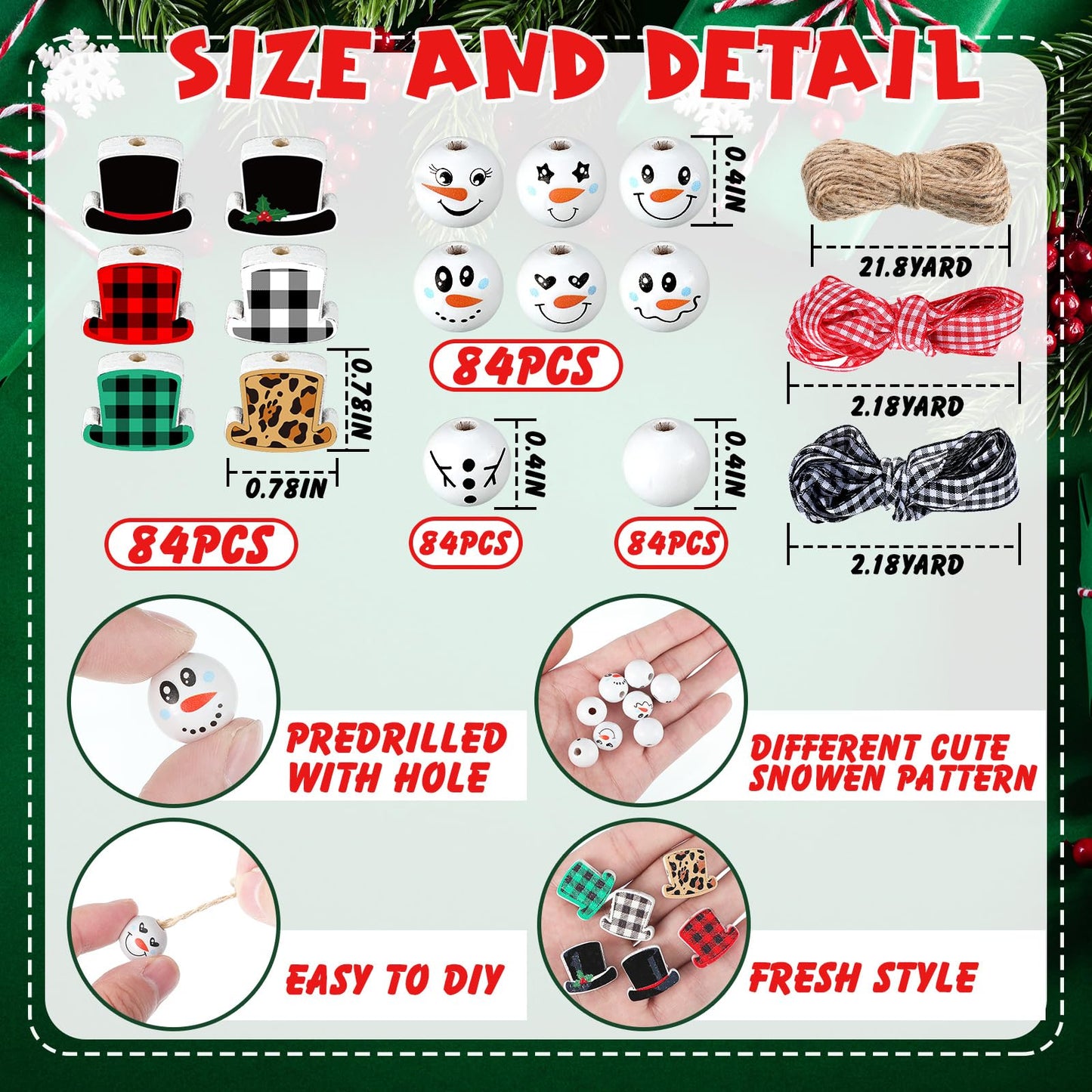 336 Pcs Christmas Snowman Wood Beads Winter Snowman Wooden Beads for Craft Snowman Themed Craft Beads with Rope Ribbon for Jewelry Making DIY Craft Supplies Home Decor
