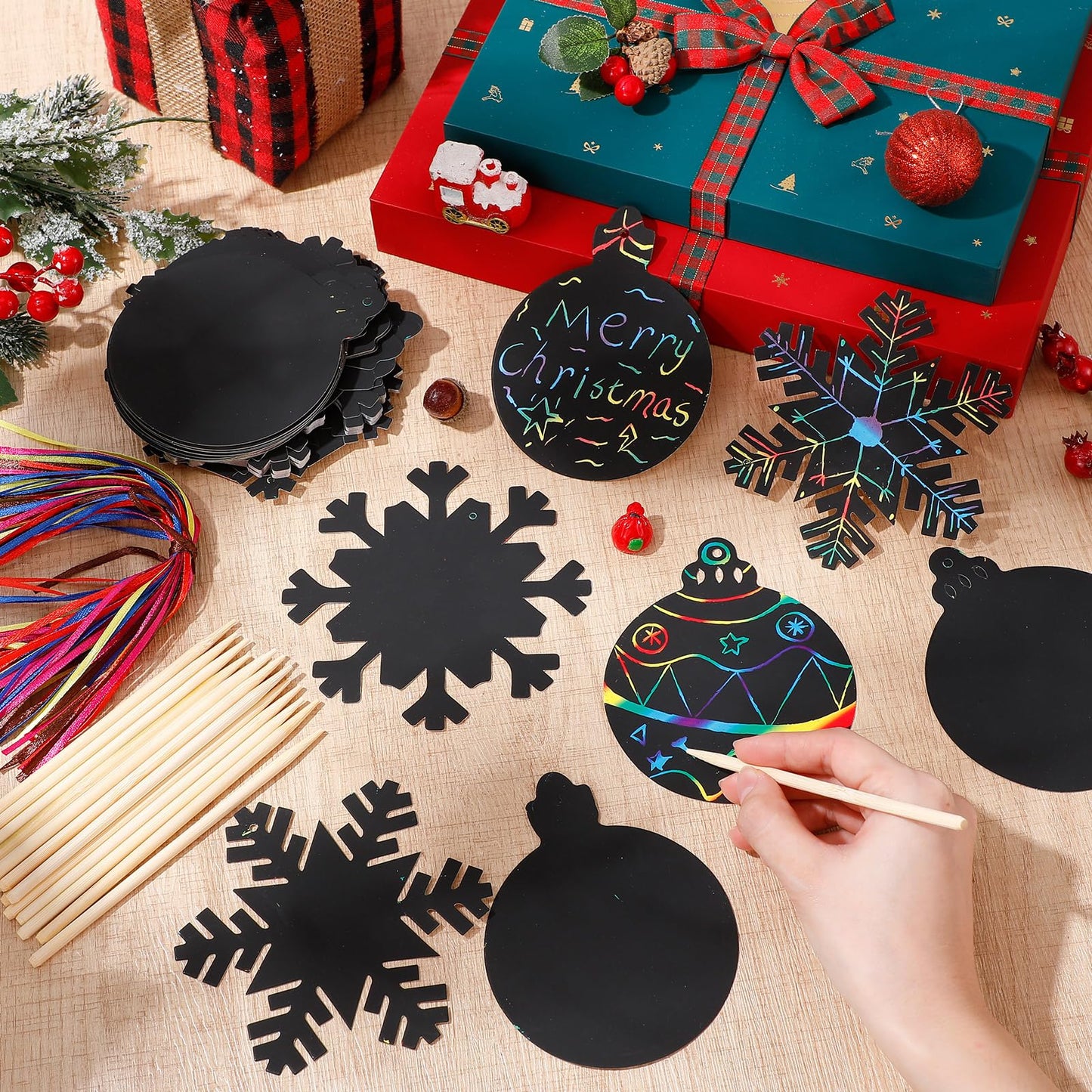 Yeaqee 80 Pcs Christmas Ornament Scratch Cards Christmas Scratch Paper Art with Drawing Sticks and Ribbons DIY Xmas Magic Paper for Winter Xmas Home Party DIY Activities (Snowflake)