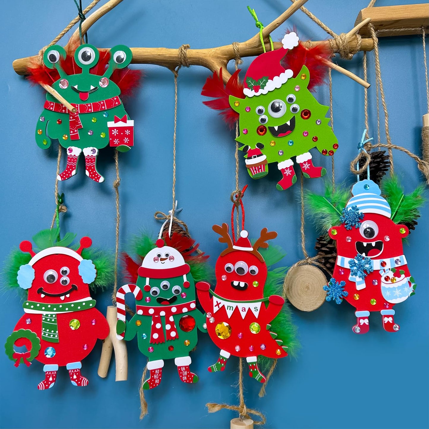 Winlyn 24 Sets Christmas Craft Kits Winter Crafts DIY Monster Ornaments Decorations Art Sets Foam Monster Christmas Stickers Googly Eyes Feathers for Kids Holiday Home Classroom Activities Party Favor