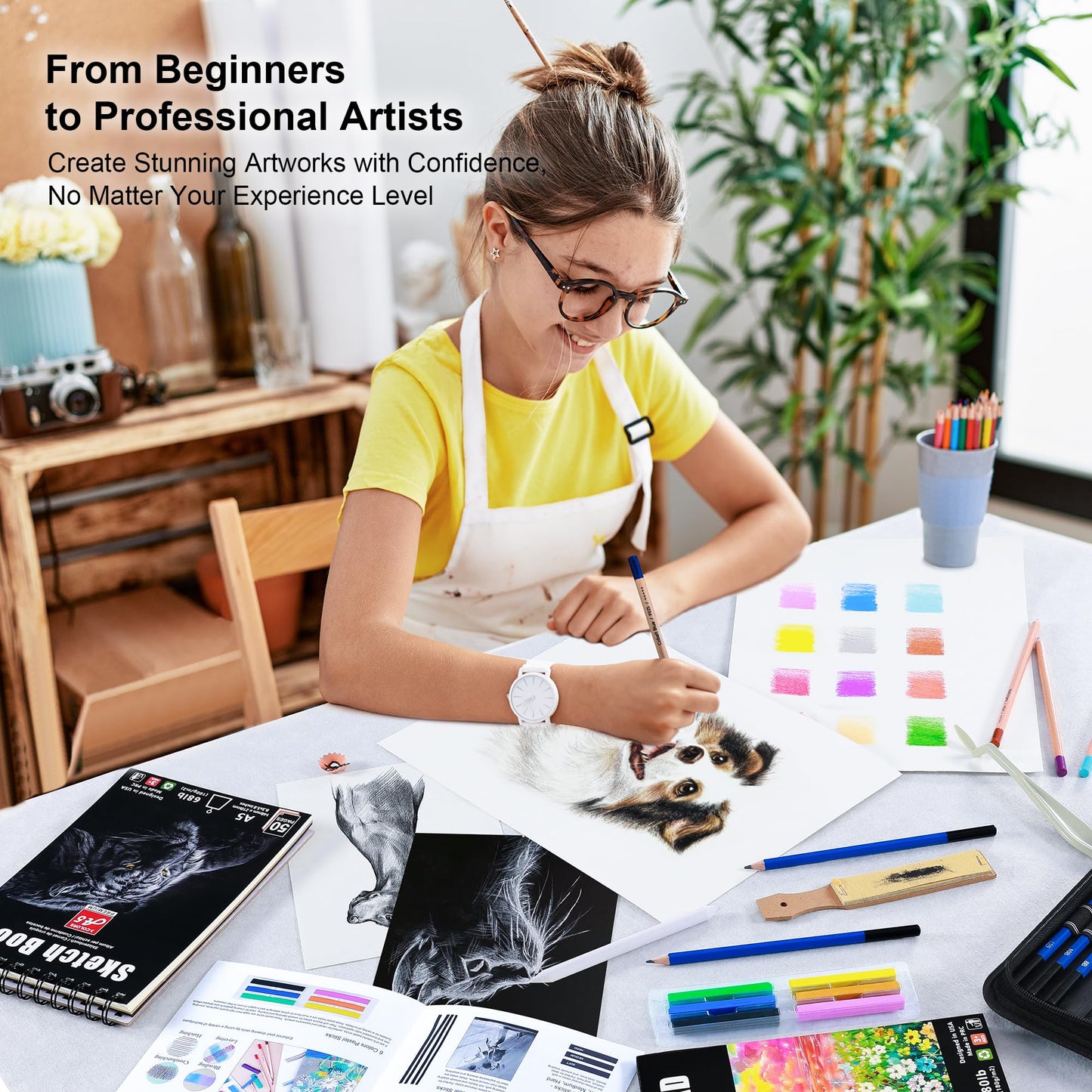 KALOUR 95-Piece Sketching and Drawing Art Set with 3-color Sketch Book and Pastel Paper – Graphite, Charcoal, and Pastel Pencils – Complete Artist Kit for Beginners and Professionals