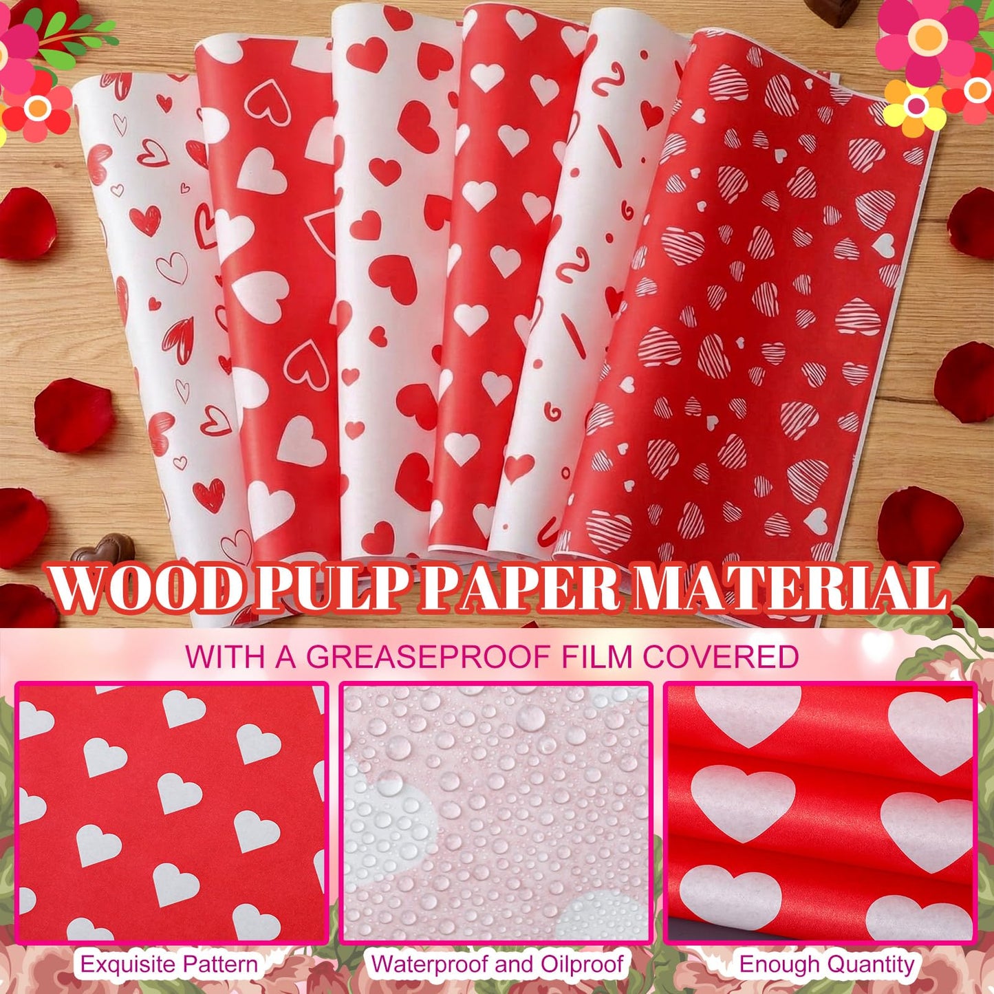 Ireer 300 Pcs Red Heart Wax Paper Sheets Parchment for Food Deli Paper 12x12 Inch Waterproof 6 Style Heart Valentine Mom Teacher Gift Wrapping Picnic Basket Liners Greaseproof Wrapping Wedding Party