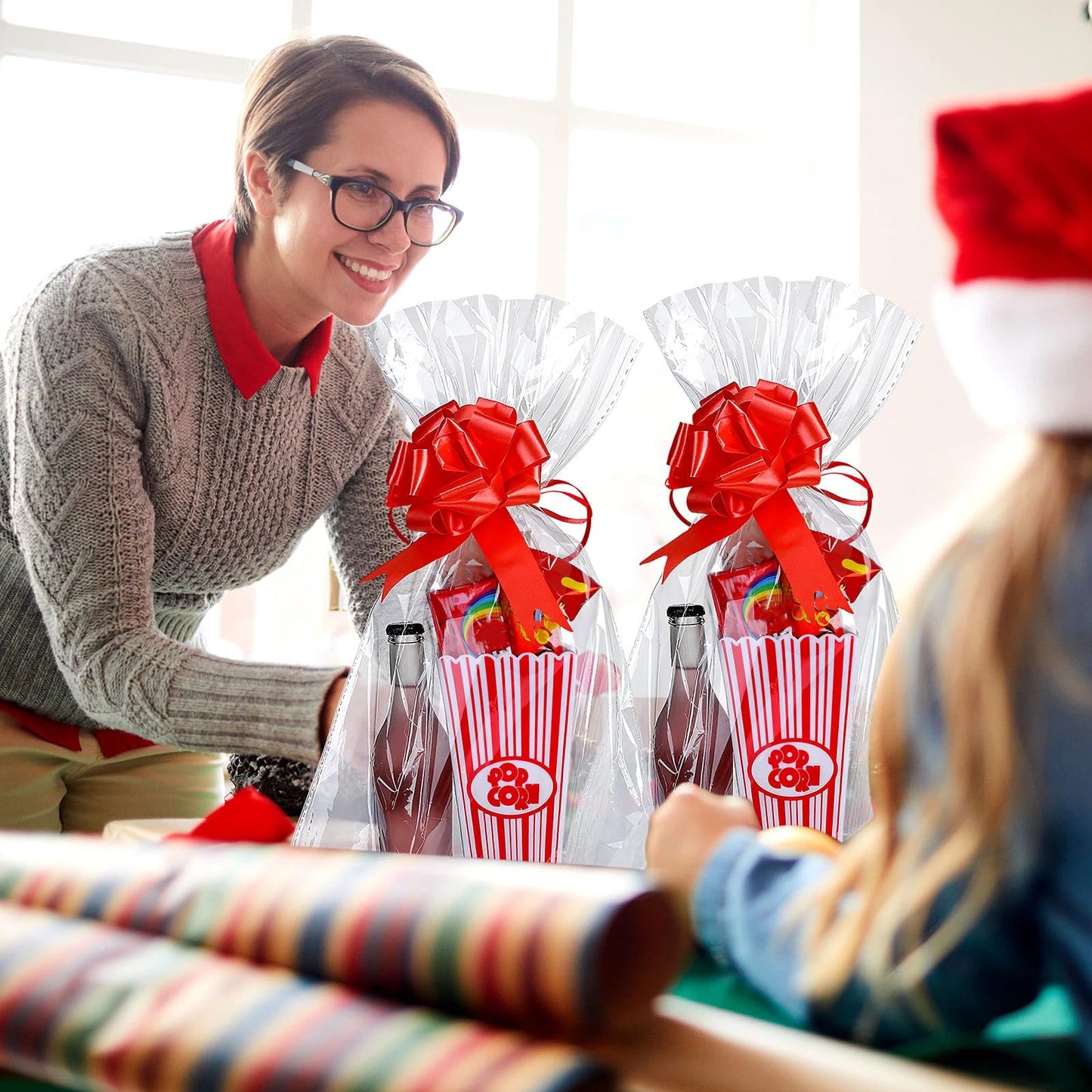 Engrowtic 6 Pack Movie Night Gifts Baskets Plastic Popcorn Box Containers with Bags and Bows for Holiday Movie Lover Wedding Birthday Party Favors DIY Kits