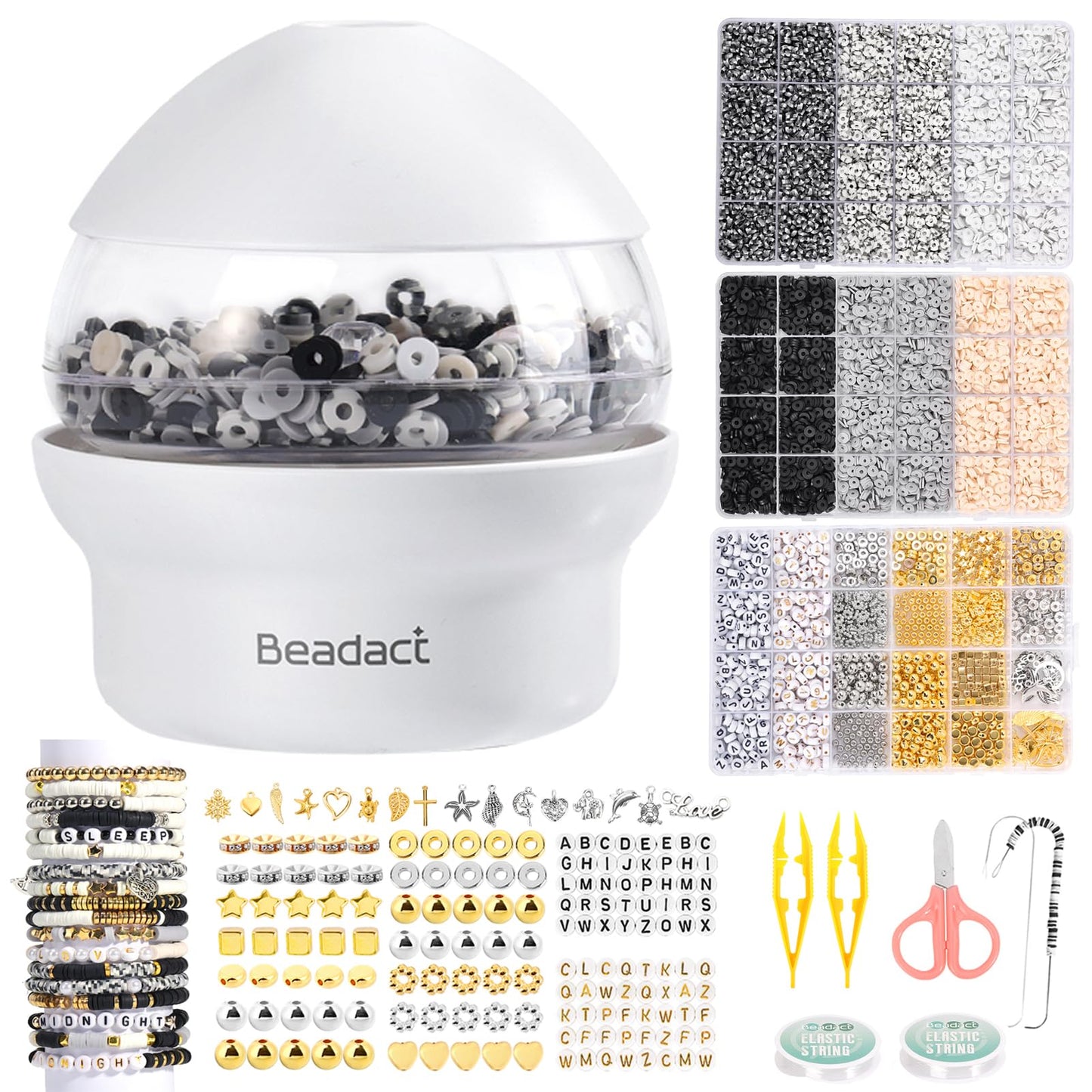 Beadact Clay Bead Spinner for Jewelry Making Kit, 8116PCS Black White Gold Beads with Bracelet Spinner, Friendship Bracelet Maker for DIY Crafts with Spacer Bead and Charm, Gift for Craft Lover&Adult