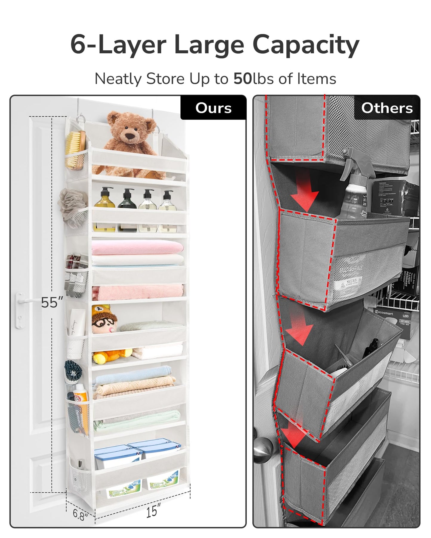 ULG Over The Door Organizer with 6 Large Pockets 12 Side Pockets, 50lbs Weight Capacity Door Hanging Organizer for Bedroom, Bathroom, Pantry, Nursery Storage, Beige