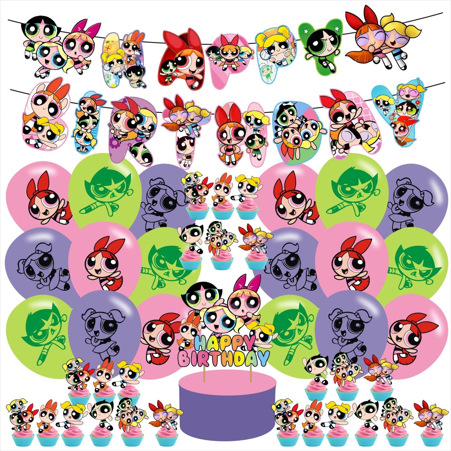 The Power Girls Birthday Party Supplies Set Happy Birthday Banner, Cake Topper, Cupcake Toppers, Balloons for Cartoon Girl Party Decorations
