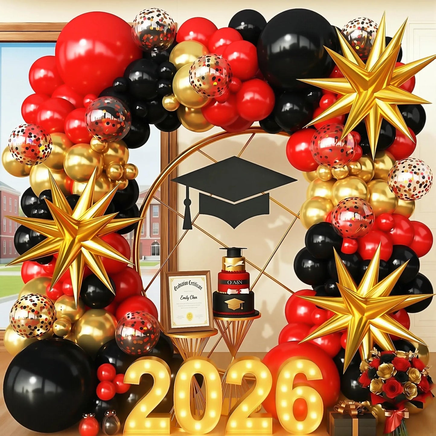 FYUVH Red Gold Black Balloons Arch Kit Garland for 2026 Graduation Decorations Grad Party Birthday Red Carpet Casino Theme Race Car Birthday Anniversary Party Decorations