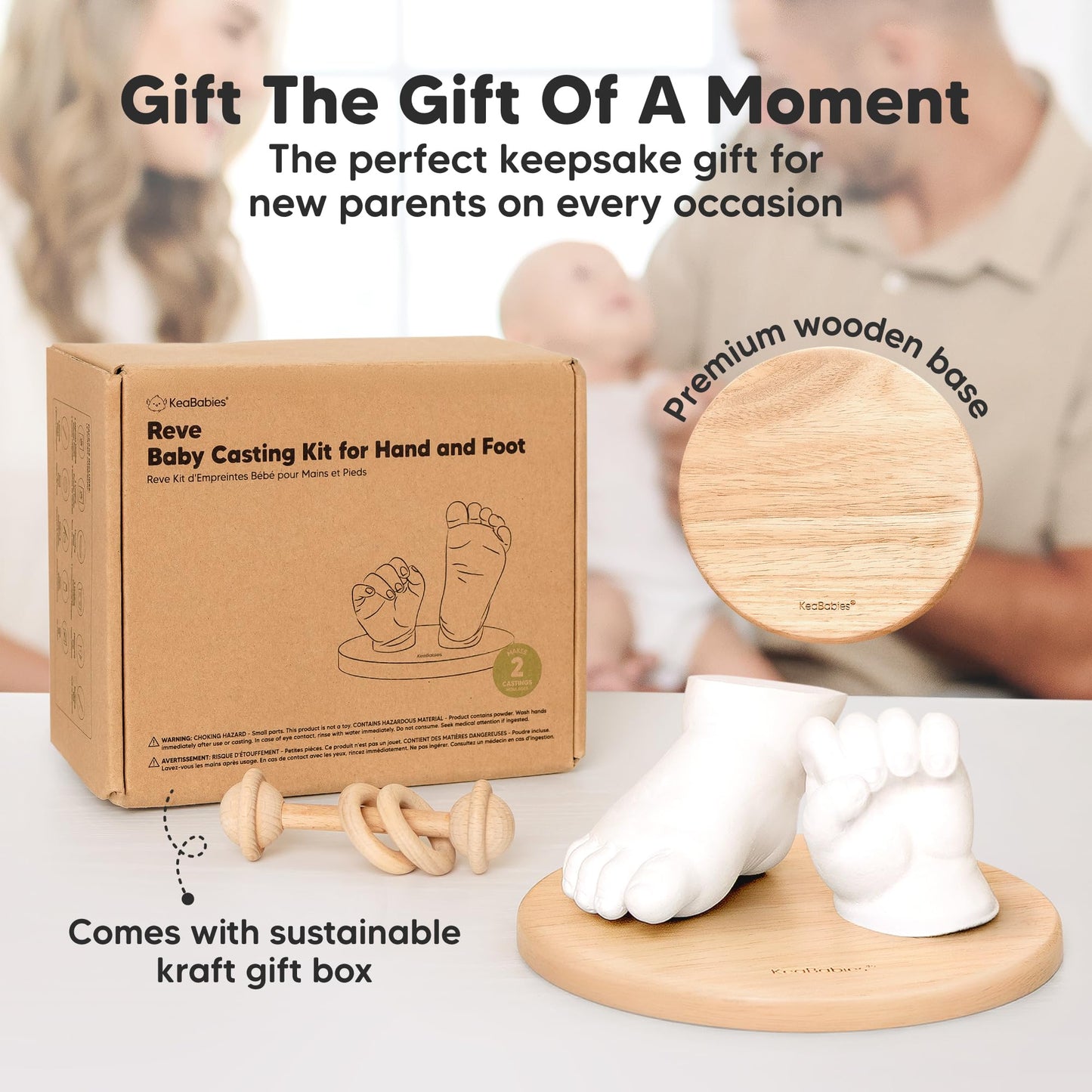 KeaBabies Baby Casting Kit Hands and Feet Mold - 3D Newborn Hand Casting Kit & Stylish Wood Base, Easy DIY Infant Foot Molds 0-9 Months, First Christmas & Baby Keepsake Shower Gifts (Round, Ash Wood)