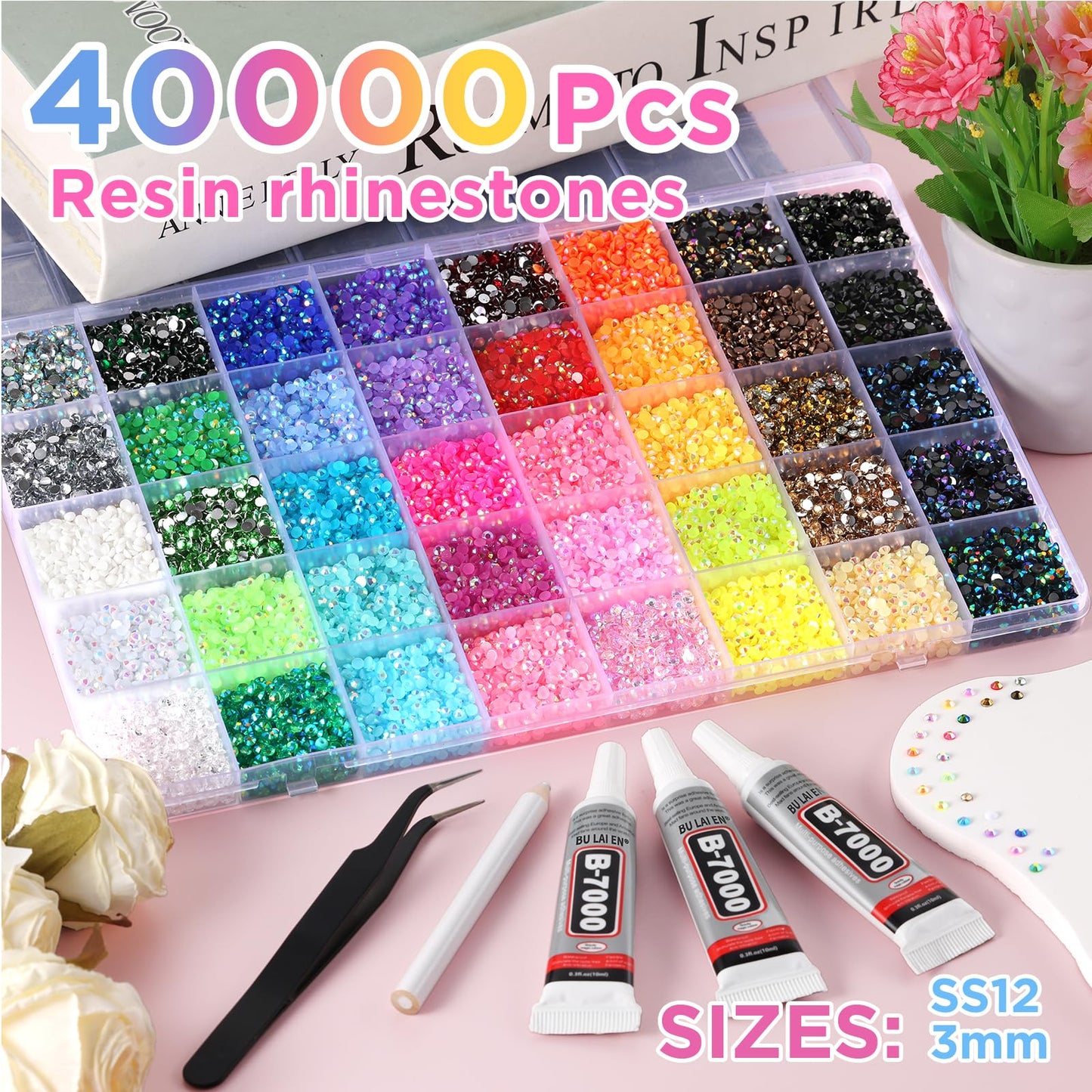 Zefy 40 Colors Resin Jelly Rhinestones for Bedazzling, 3mm 40000 Pcs Flatback Gems for Crafting, Bedazzling Kit with 3Pcs B7000 Glue for Clothing Shoes Nail Book Diamond Art