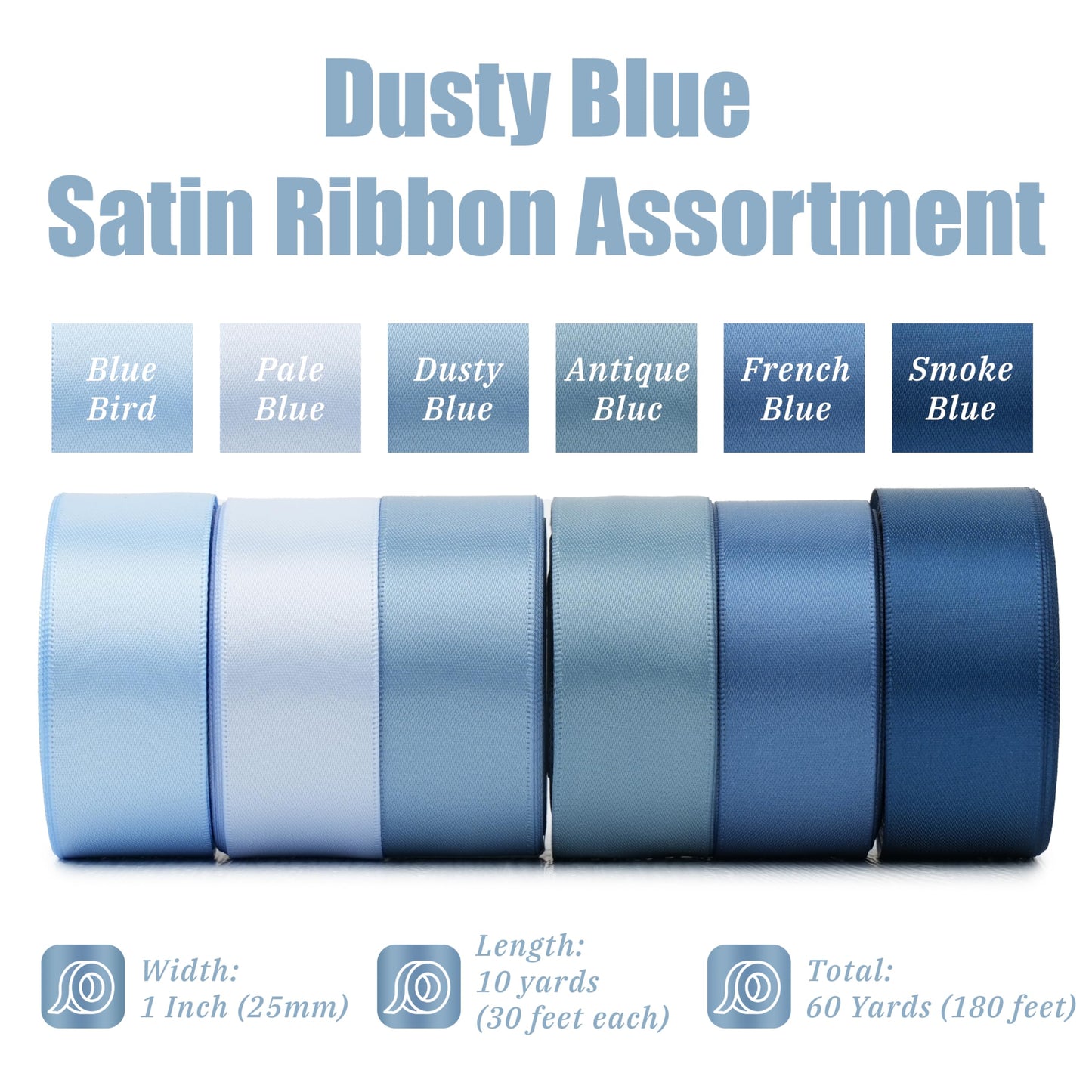 MAYREEL 1 Inch Dusty Blue Satin Ribbon Slate Blue for Gift Wrapping Wedding Bridal Shower Crafts 6 Rolls 10 Yards Each Color Total 60 Yards