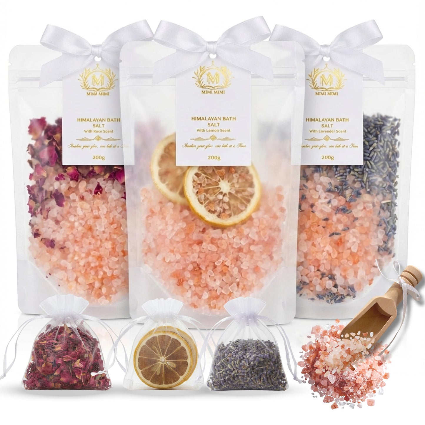 MIMI MIMI Pink Himalayan Bath Salt Gift Set with Rose, Lemon and Lavender - 3 x 200g Bath Salts for Women Relaxing, Natural Aromatherapy Gifts for her, Mineral Bath Soaks, Spa Body Care, Foot Soak.