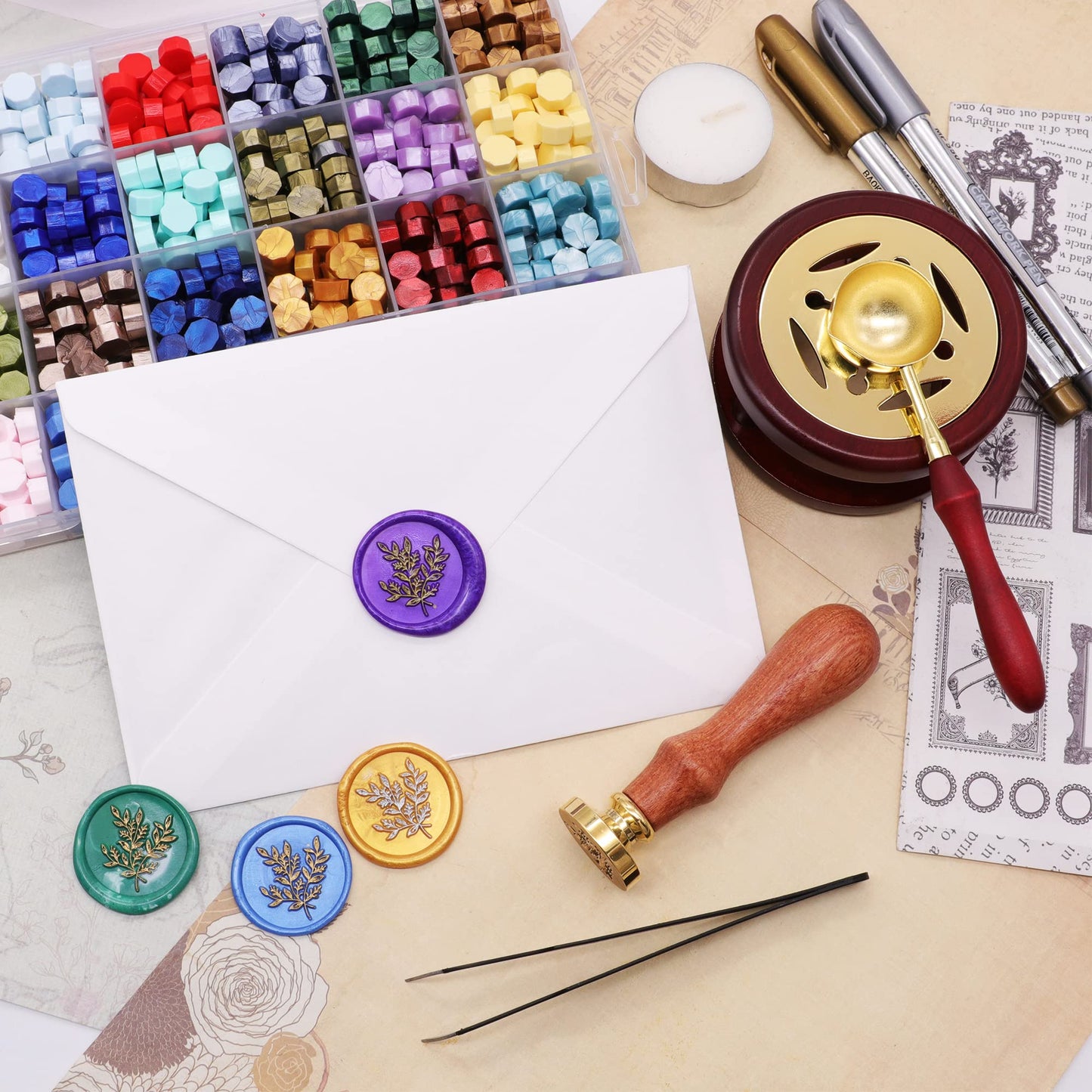 SWANGSA Wax Seal Kit with Gift Box, 24 Color 700pcs Sealing Wax Beads with Eucalyptus Stamp, Furnace, Pen, Thank You Cards and Silicone Mat for Wedding Invations, Christmas