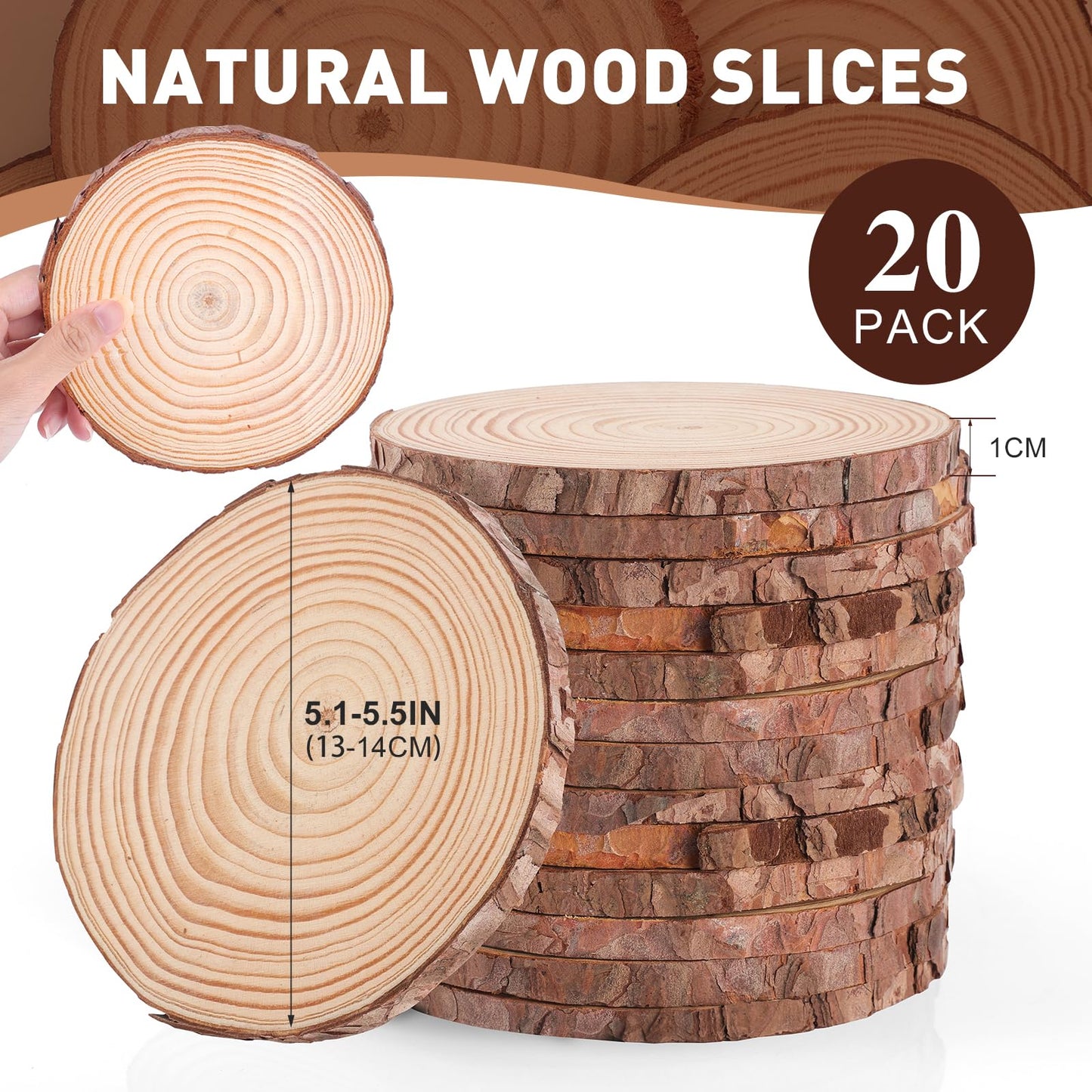 20 Pcs Unfinished Natural Wood Slices for Centerpieces.5.1-5.5 Inch Wood Rounds for Crafts. Wood Circles with Tree Bark for DIY Crafts,Centerpiece Table Decorations.Baby Shower centerpieces.