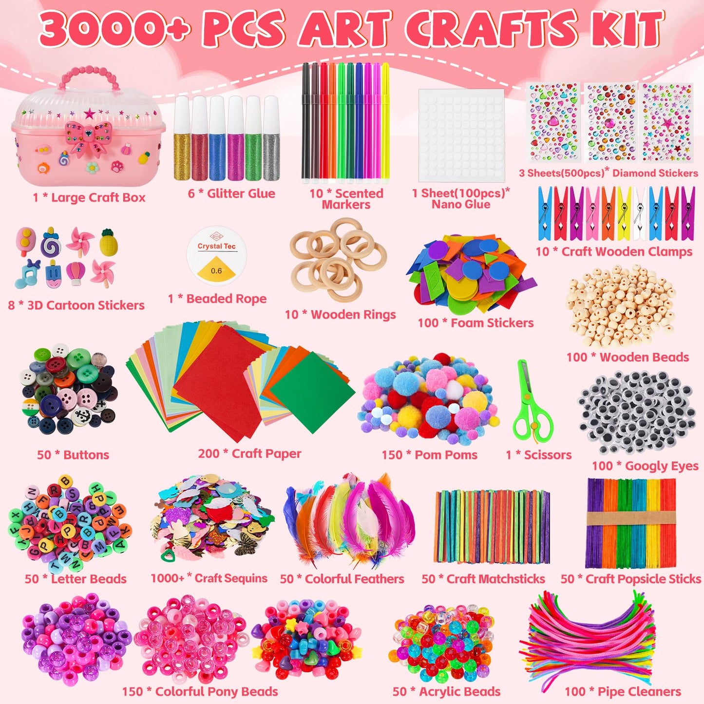 VERYHDSN Arts and Crafts Supplies for Kids-3000+ Pcs DIY Arts & Craft Kit for Boys Girls Ages 4 5 6 7 8 9 10 11 12, 25+Types Craft Materials Bulk, Larage Craft Box Set, Fun&Creative Gift