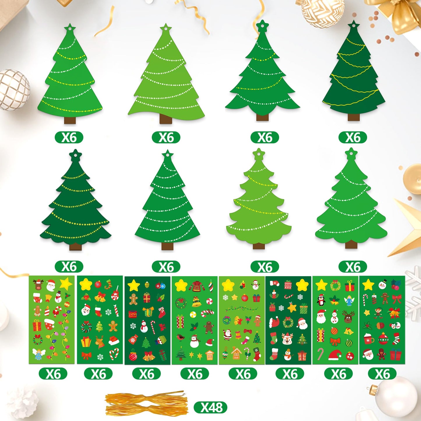 BCCSNNM 48 Pcs Christmas Tree Stickers Kit for Christmas DIY Hanging Art Ornaments Making Your Own Xmas Craft for Winter Holiday Party Classroom Activities Party Decoration