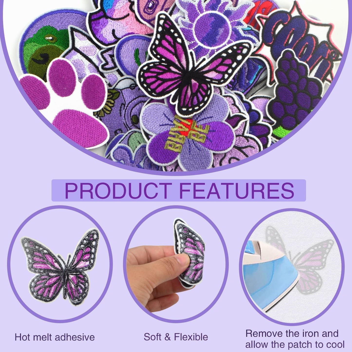 30pcs Purple Series Embroidered Iron on Patches Mixed Daisy Flower Paw Print Letters Sewing Patch Appliques for DIY Clothing Jackets Jeans Pants Backpacks Repair Decoration