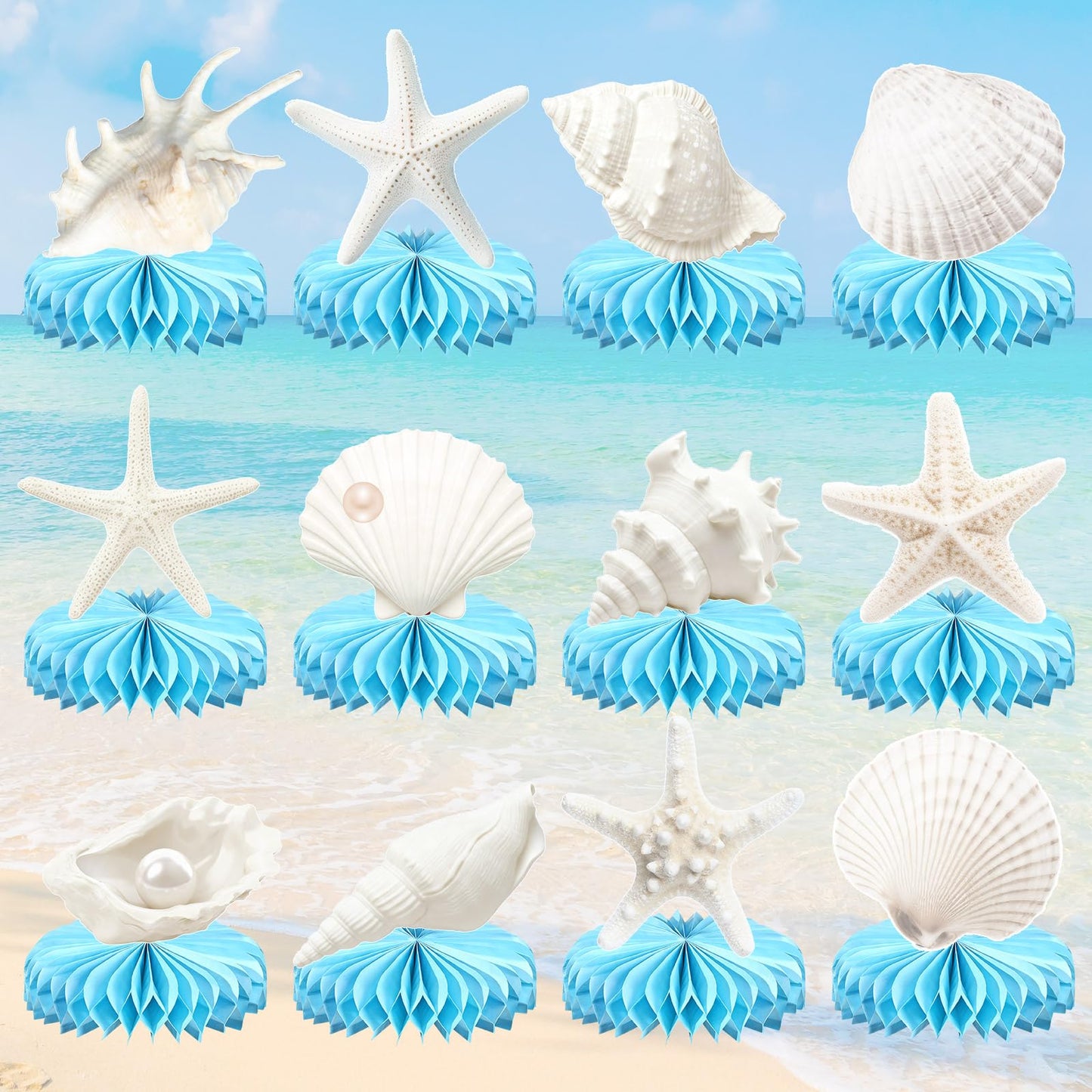 12Pcs Under the Sea Party Honeycomb Decoration Ocean Seashell Centerpieces for Table Coastal Beach Party Table Decoration Seashell Starfish Centerpieces Decor for Nautical Birthday Party Supplies