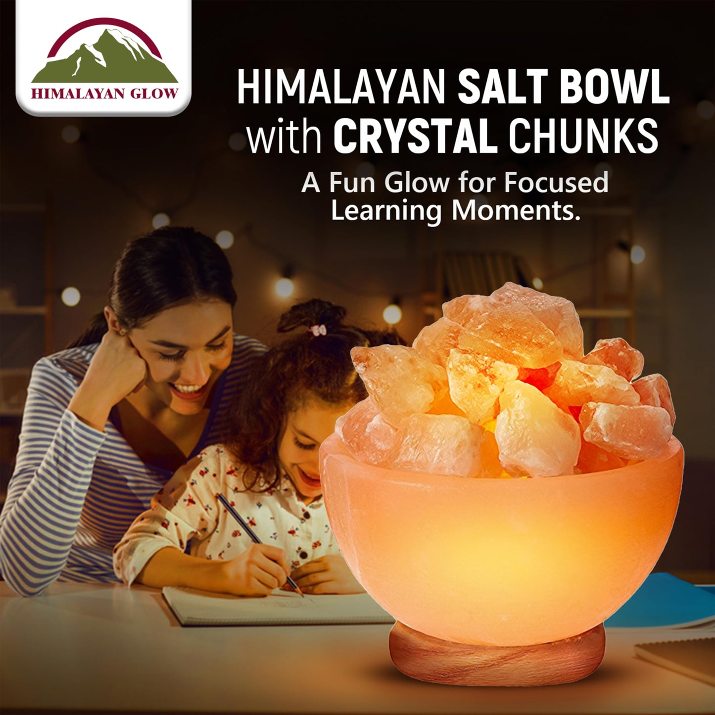 Himalayan Glow Natural Pink Salt Lamp Bowl with Crystal Chunks | Hand-Carved Himalayan Salt Lamp for Air Purification & Calming Ambiance | Home & Office Décor
