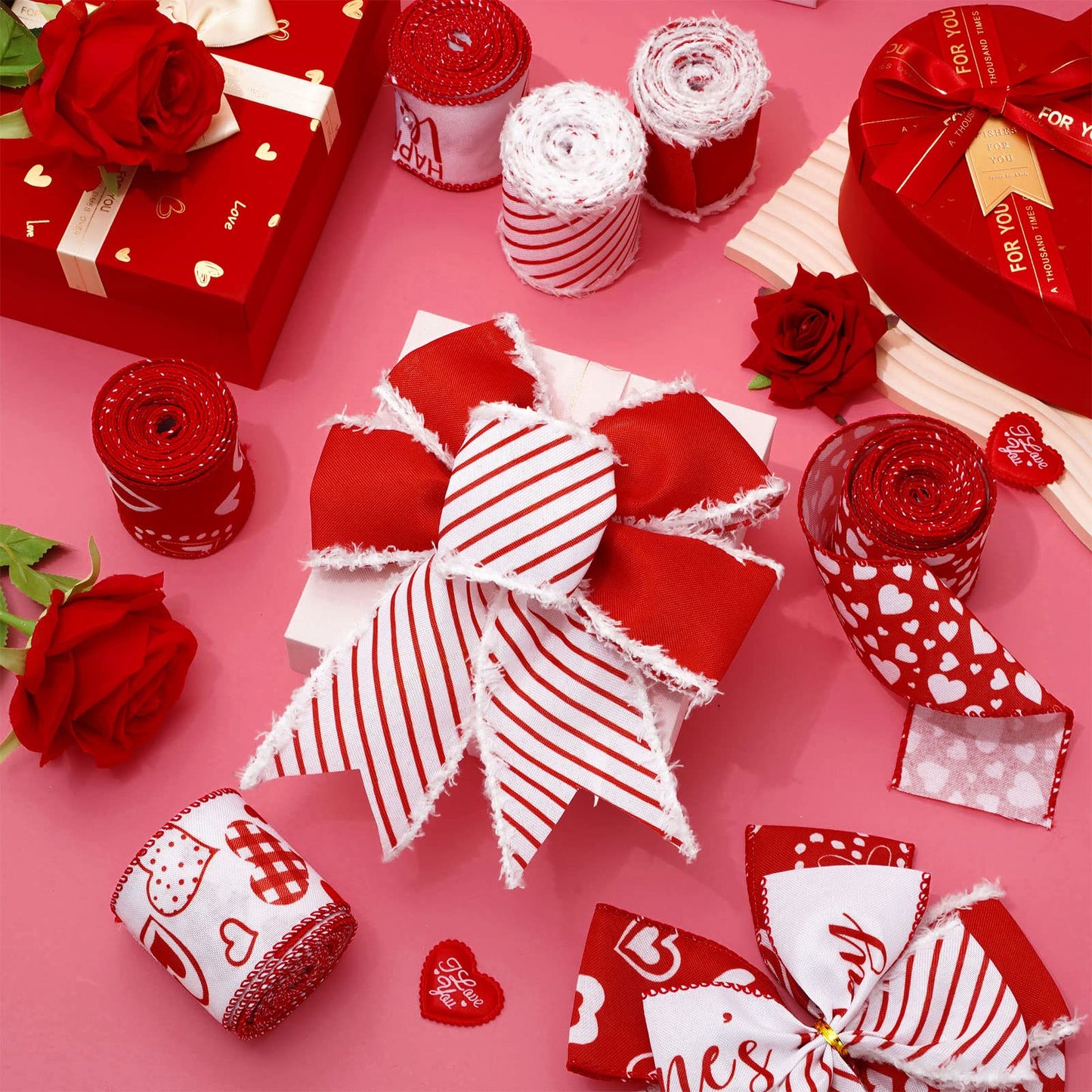Whaline 36 Yard Happy Valentine's Day Wired Edge Ribbon Red White Love Hearts Craft Ribbon with Burr Wedding Fabric Wrapping Ribbon for Anniversary Wreath Bow Making DIY Crafts Supplies, 6 Roll