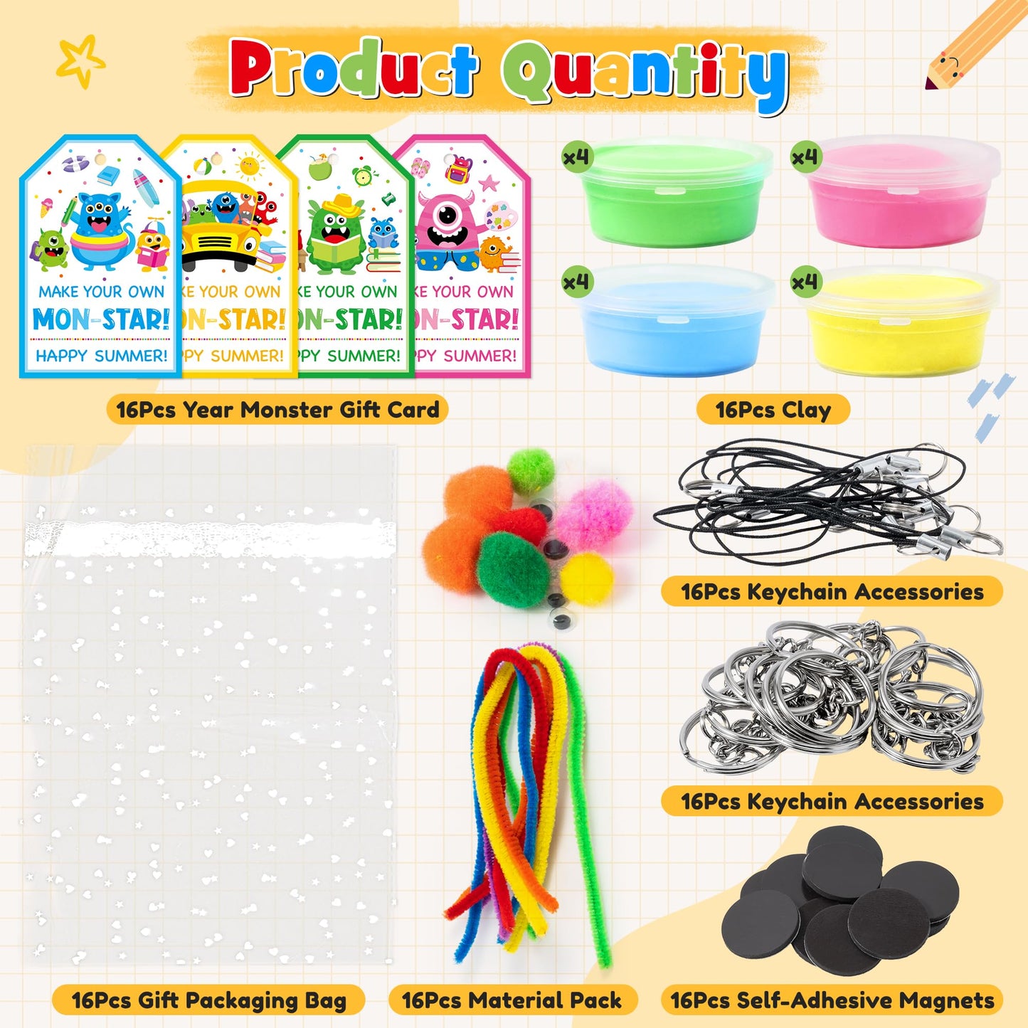 Haooryx End of Year Air Dry Clay Craft Kit - 16 Packs Cute Monster DIY Magnet Keychain Ornament Art Craft Bulk with Gift Bag for Classroom Exchange Gift Student Reward End of School Year Party Favors