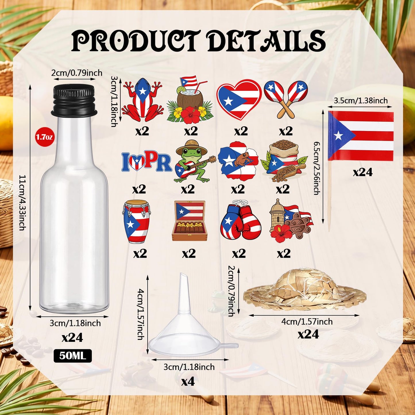 Gandeer 24 Sets Mini Puerto Rico Coquito Swing Top Bottle Plastic Wine Bottles with Airtight Cap Puerto Rico Stickers Mini Hats and Flags Convenient Funnels for Homemade Brewing Beverages Liqueur