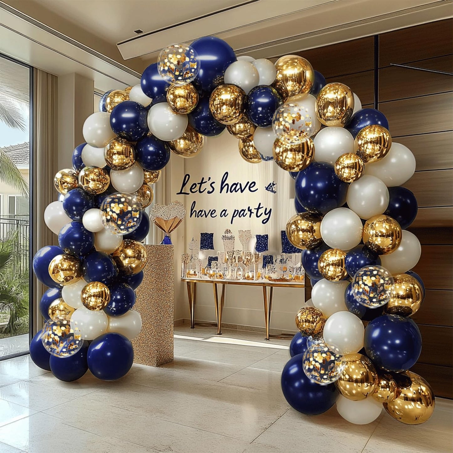 Navy Blue Gold Balloon Graland Arch Kit, Double Stuffed Pearl White Royal Blue Chrome Gold with Confetti Balloons for New Year Graduation Birthday Wedding Party Decorations