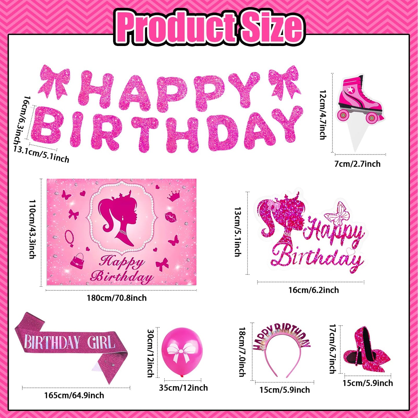 Hot Pink Birthday Party Decorations Supplies, with Pink Glitter Happy Birthday Banner, Backdrop, Balloons, Hanging Swirls, Cake & Cupcake Toppers for Kids, Girls and Women