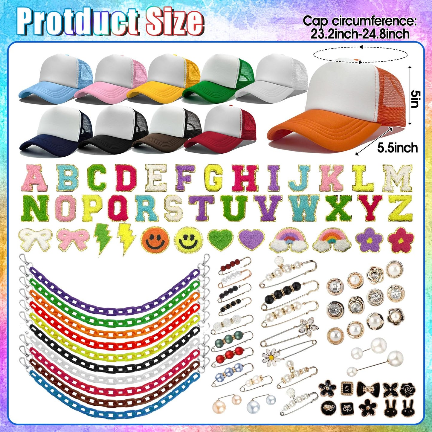 10 Pack Blank Trucker Hats DIY Kit Sublimation Youth Mesh Baseball Caps Adjustable with Bulk Colorful Trucket Hat Charms Chain Letter Embroidered Patches Pearl Pin Brooch Accessories for Women Men Par